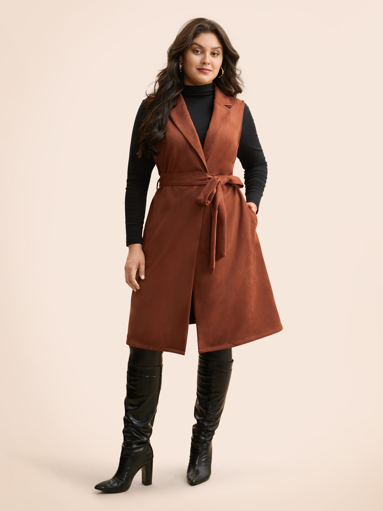 

Plus Size Suit Collar Faux Suede Belted Jacket Women Rust Belted Side seam pocket Belt Everyday Jackets BloomChic