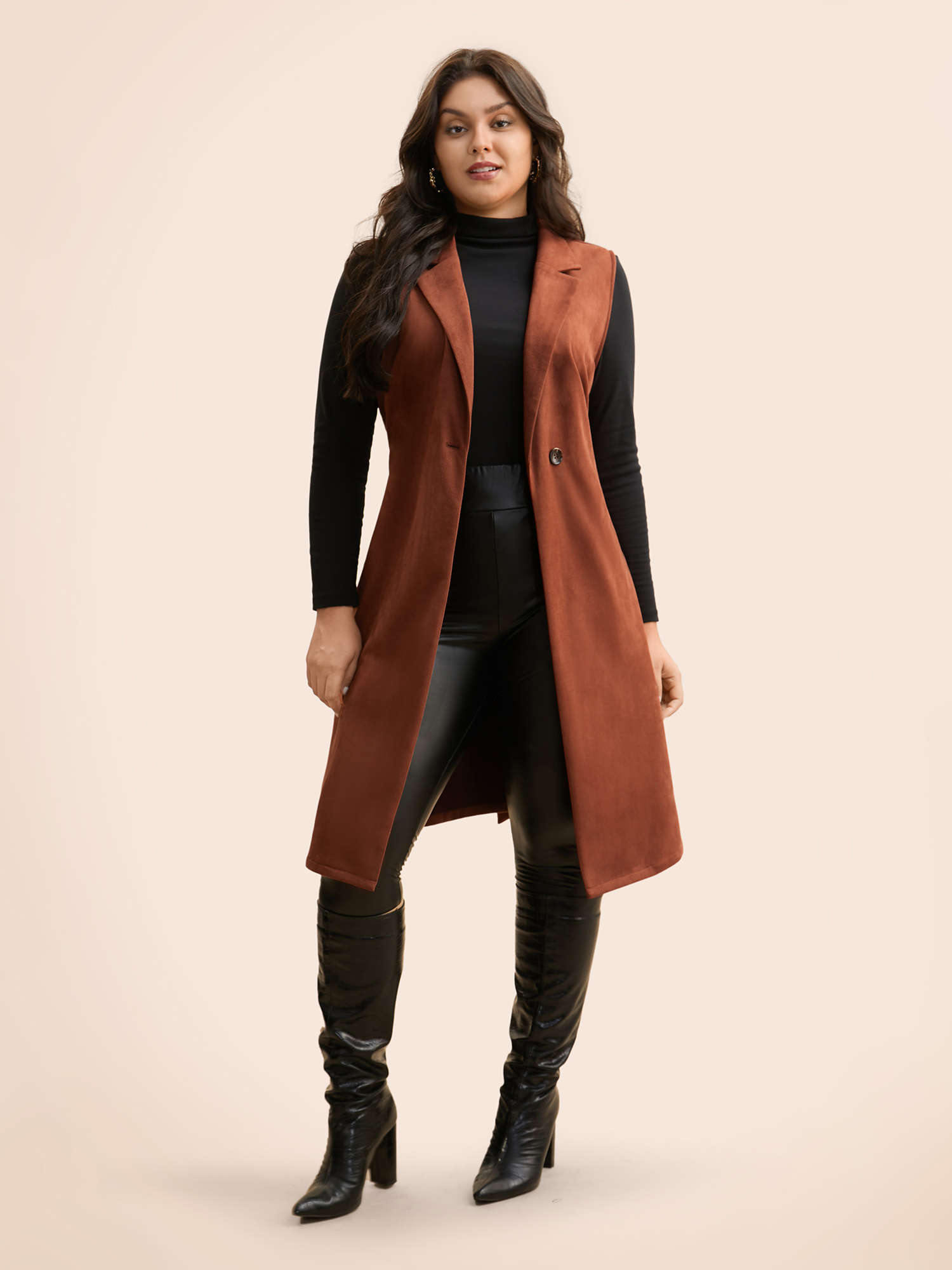 Plus Size Suit Collar Faux Suede Belted Jacket Women Rust Belted Side seam pocket Belt Everyday Jackets BloomChic 10/M 