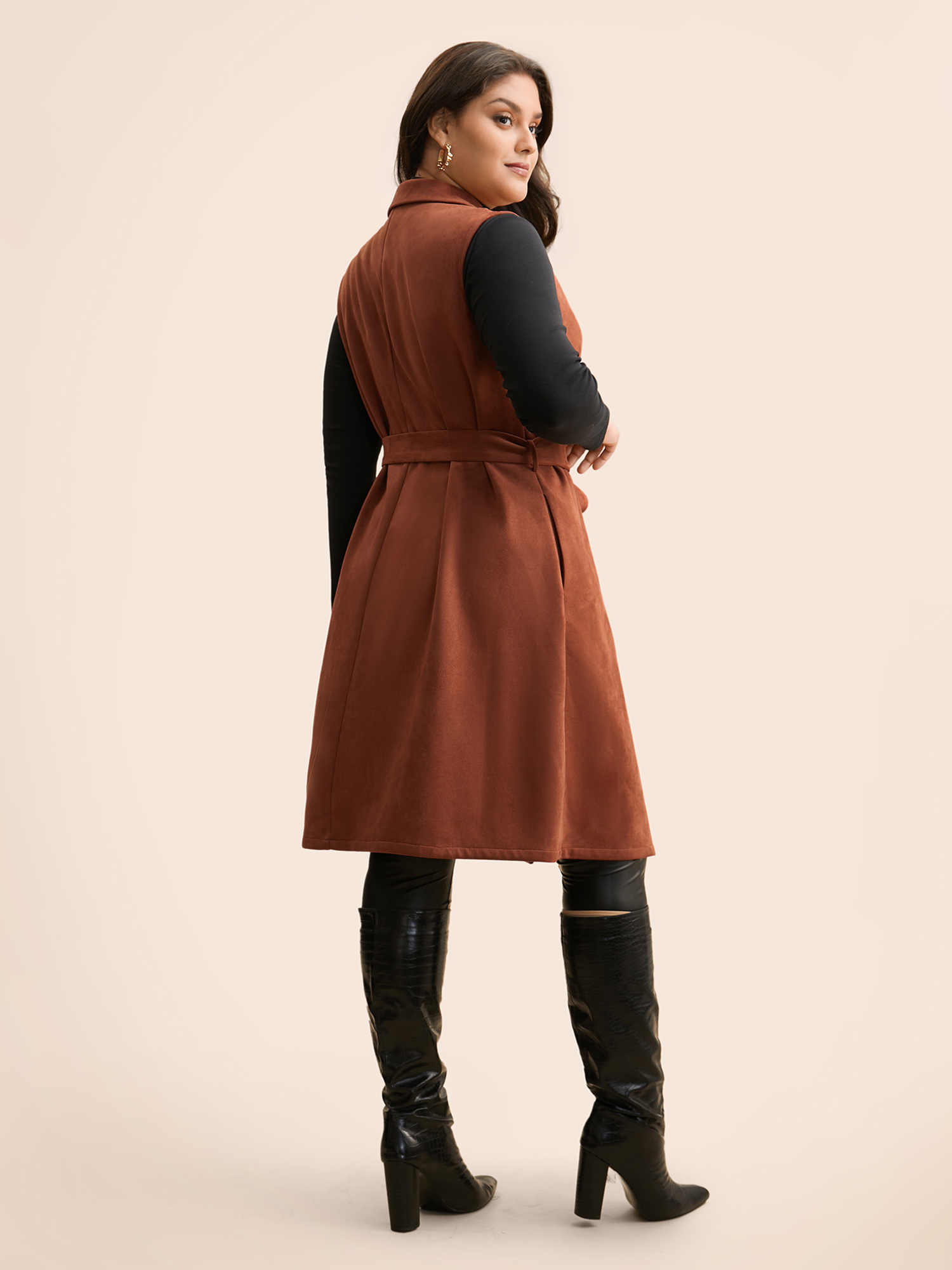 Plus Size Suit Collar Faux Suede Belted Jacket Women Rust Belted Side seam pocket Belt Everyday Jackets BloomChic 10/M 