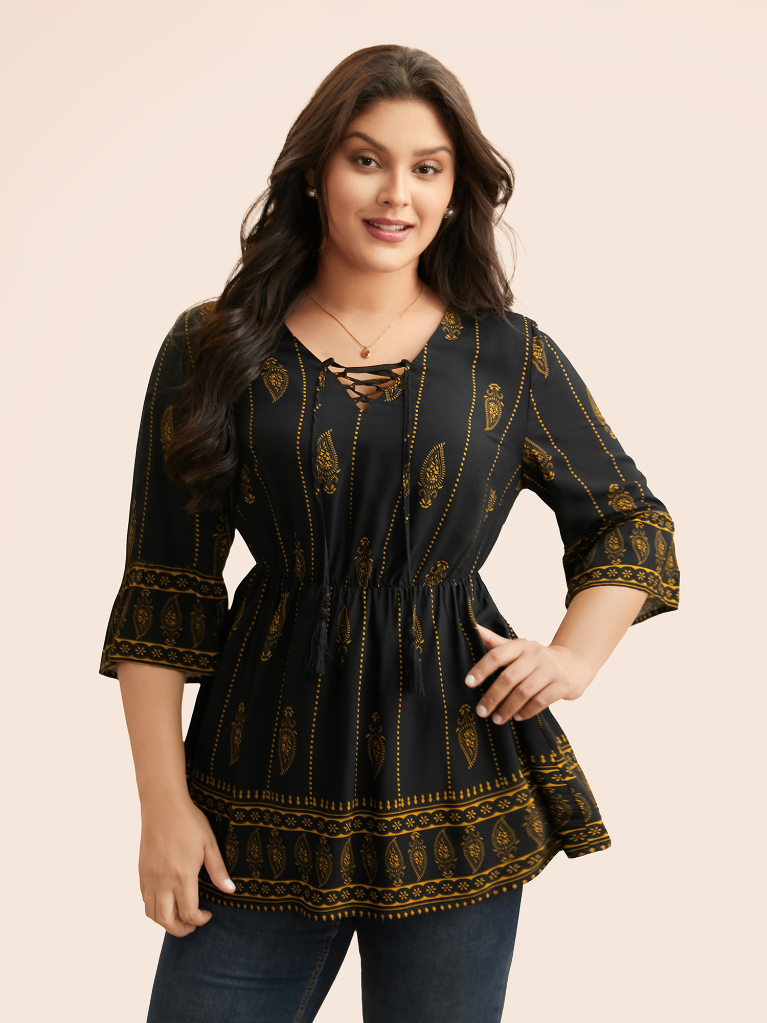 

Plus Size Black Boho Print Lace Up Bell Sleeve Blouse Women Elegant Elbow-length sleeve V-neck Everyday Blouses BloomChic