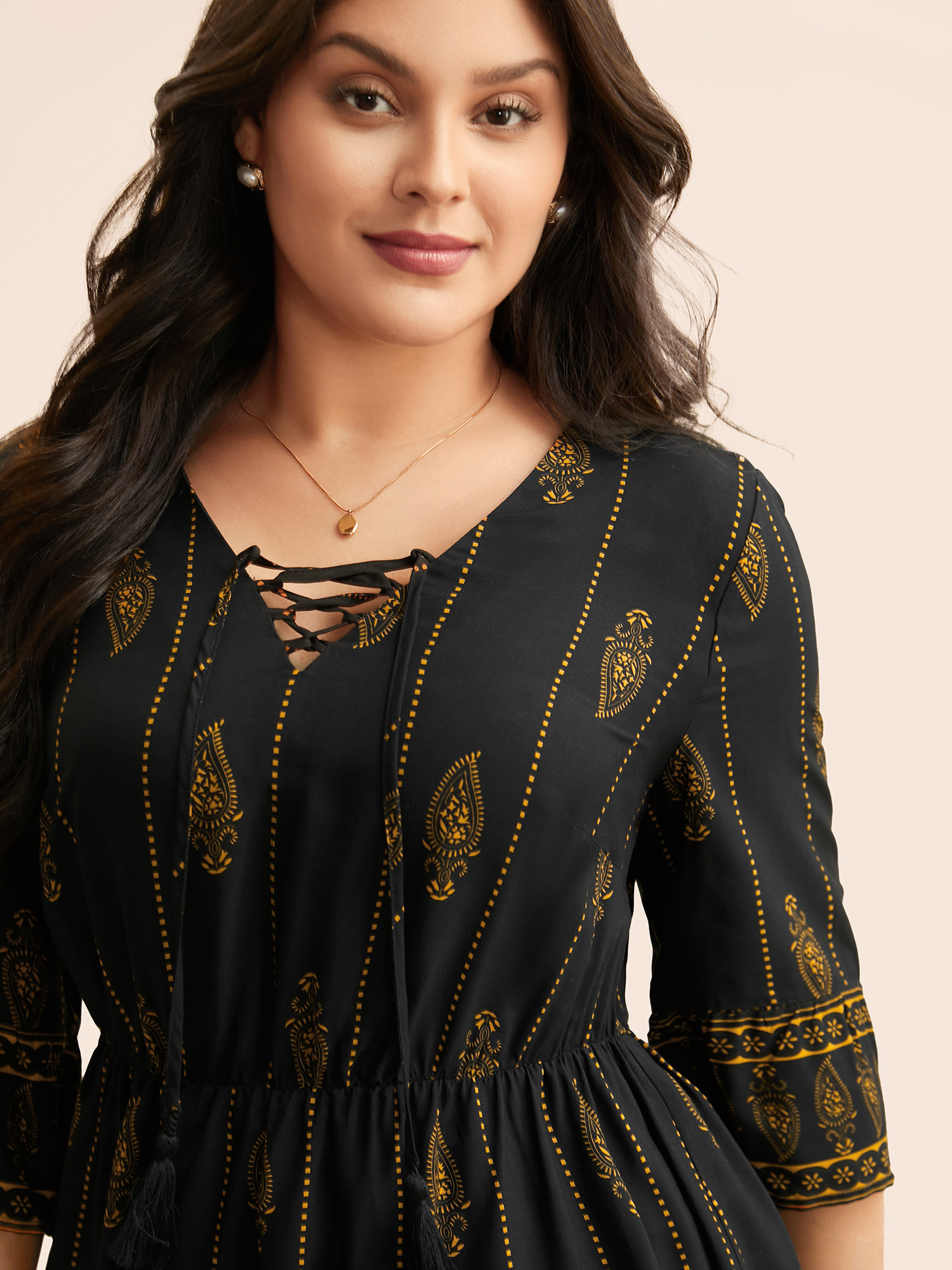 

Plus Size Black Boho Print Lace Up Bell Sleeve Blouse Women Elegant Elbow-length sleeve V-neck Everyday Blouses BloomChic