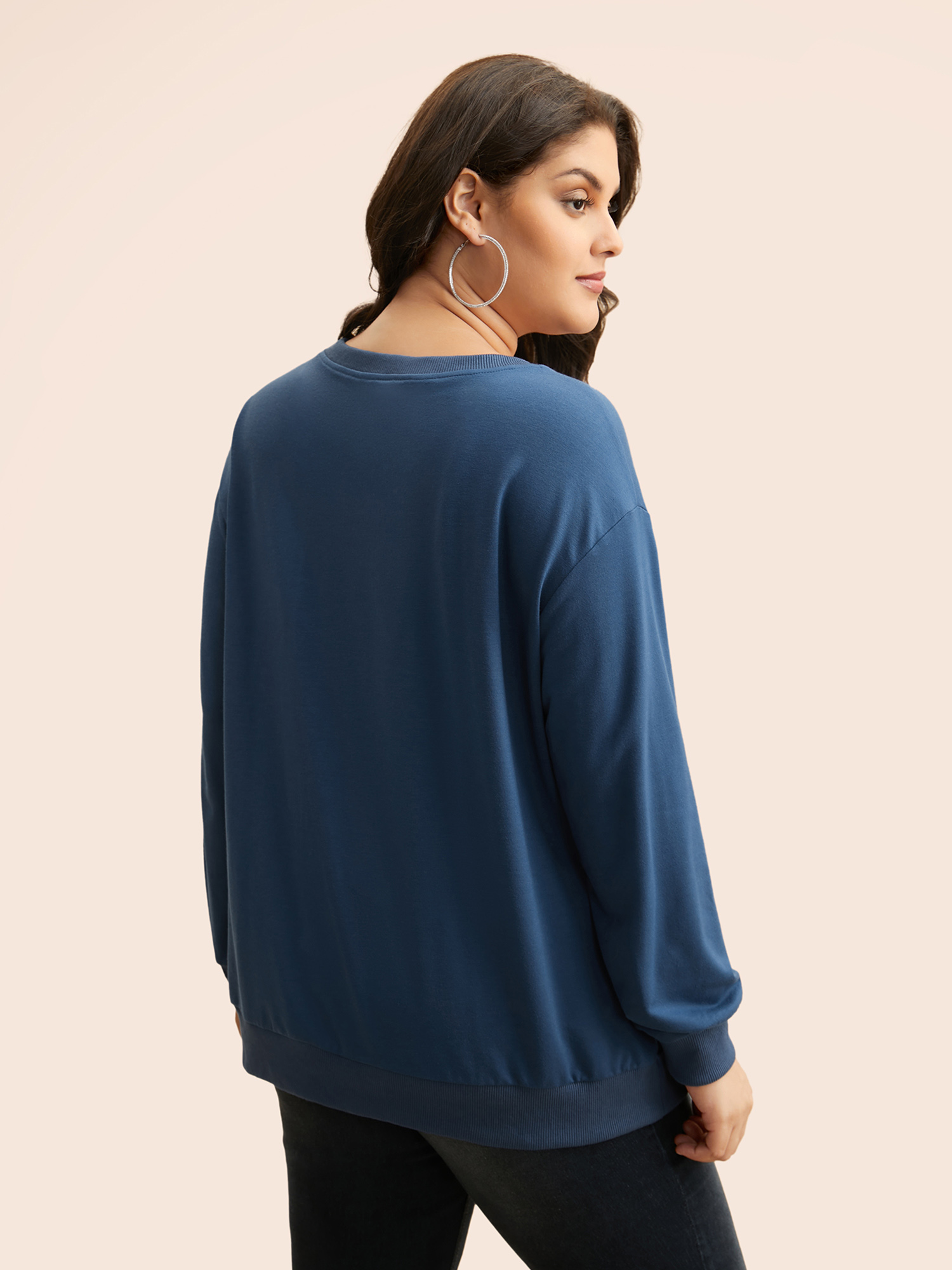 Plus Size Floral Print Drop Shoulder Sleeve Sweatshirt Women Navy Casual Patchwork Loose Round Neck Everyday Sweatshirts BloomChic 18-20/2X 