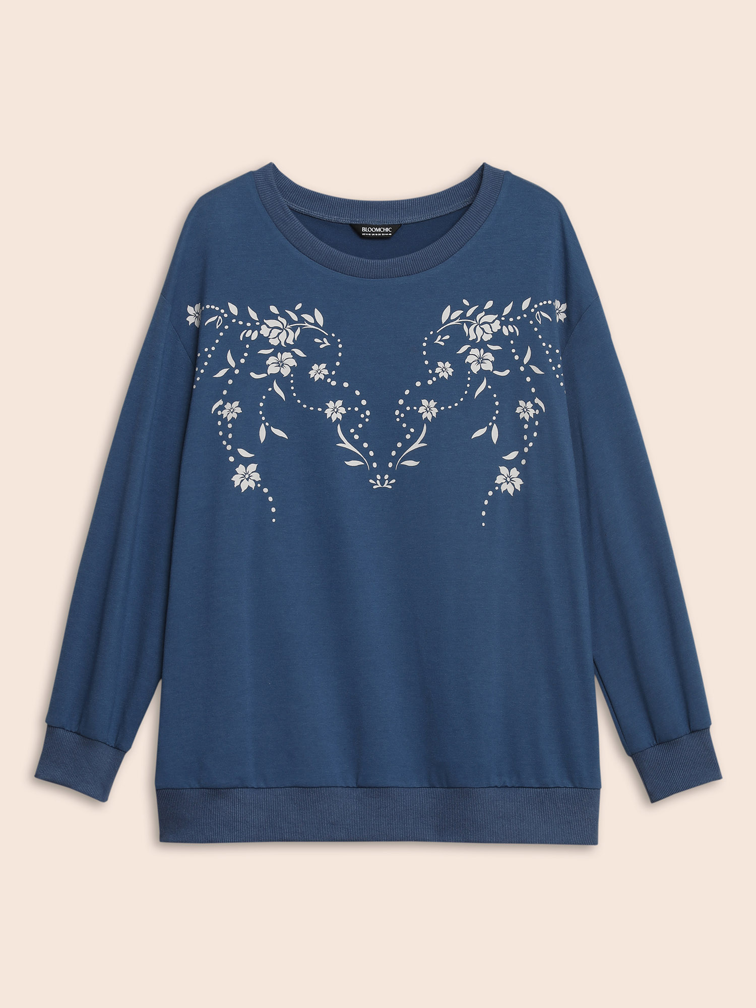 Plus Size Floral Print Drop Shoulder Sleeve Sweatshirt Women Navy Casual Patchwork Loose Round Neck Everyday Sweatshirts BloomChic 18-20/2X 
