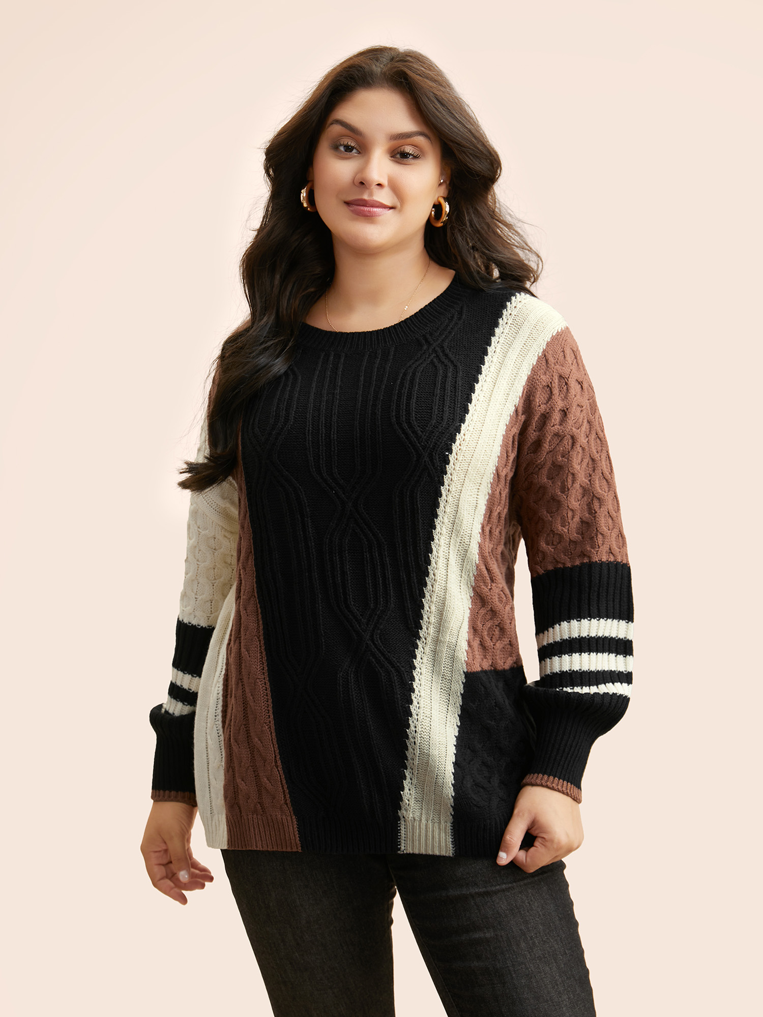 

Plus Size Contrast Patchwork Cable Knit Pullover Black Women Casual Loose Long Sleeve Round Neck Everyday Pullovers BloomChic