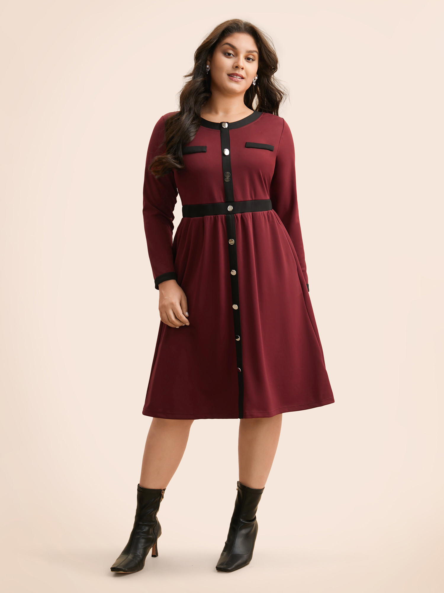 

Plus Size Contrast Patchwork Metal Detail Dress Burgundy Women Elegant Contrast Round Neck Long Sleeve Curvy BloomChic