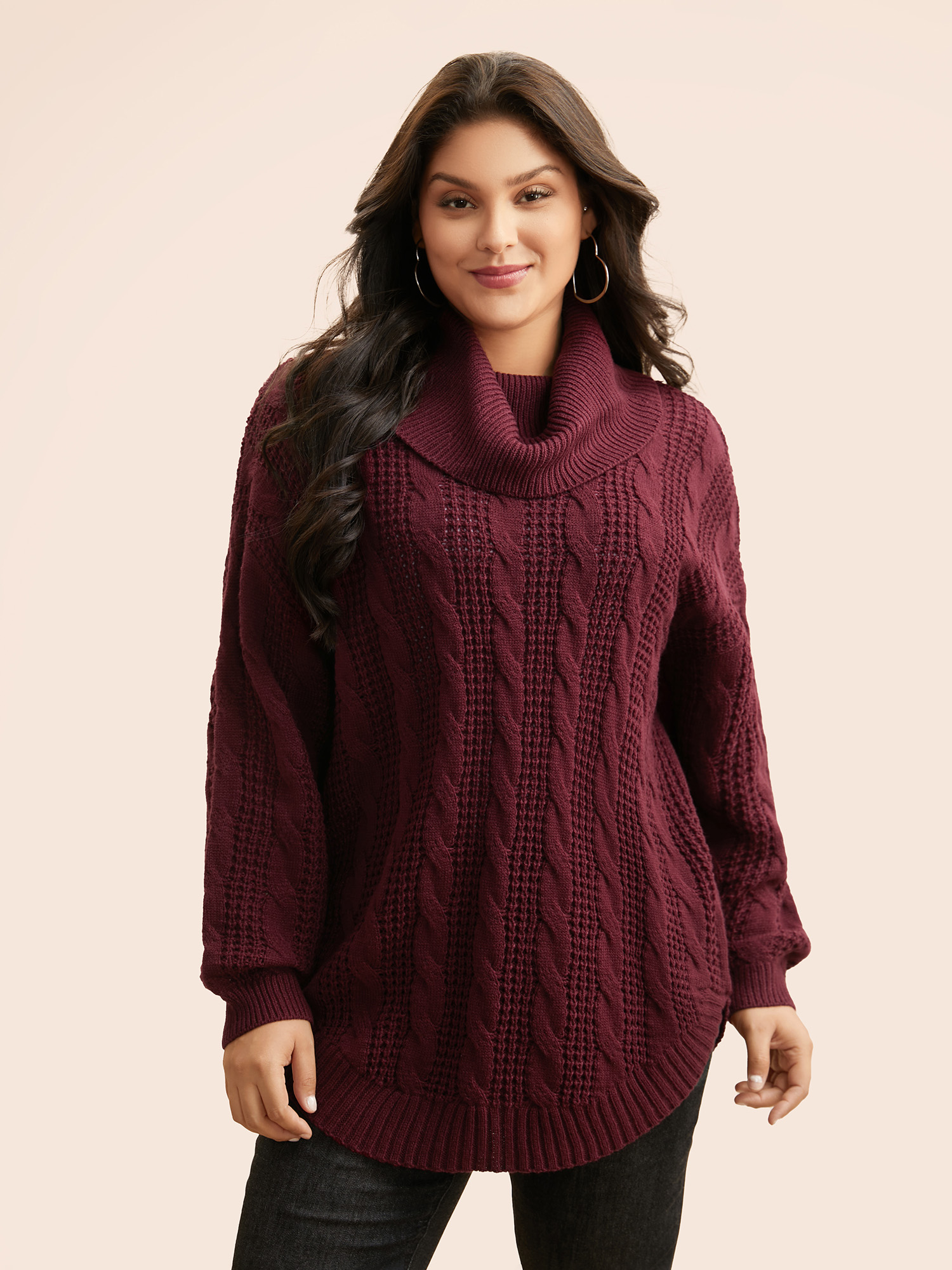 

Plus Size Turtleneck Cable Knit Curved Hem Pullover Burgundy Women Casual Loose Long Sleeve Turtleneck Everyday Pullovers BloomChic