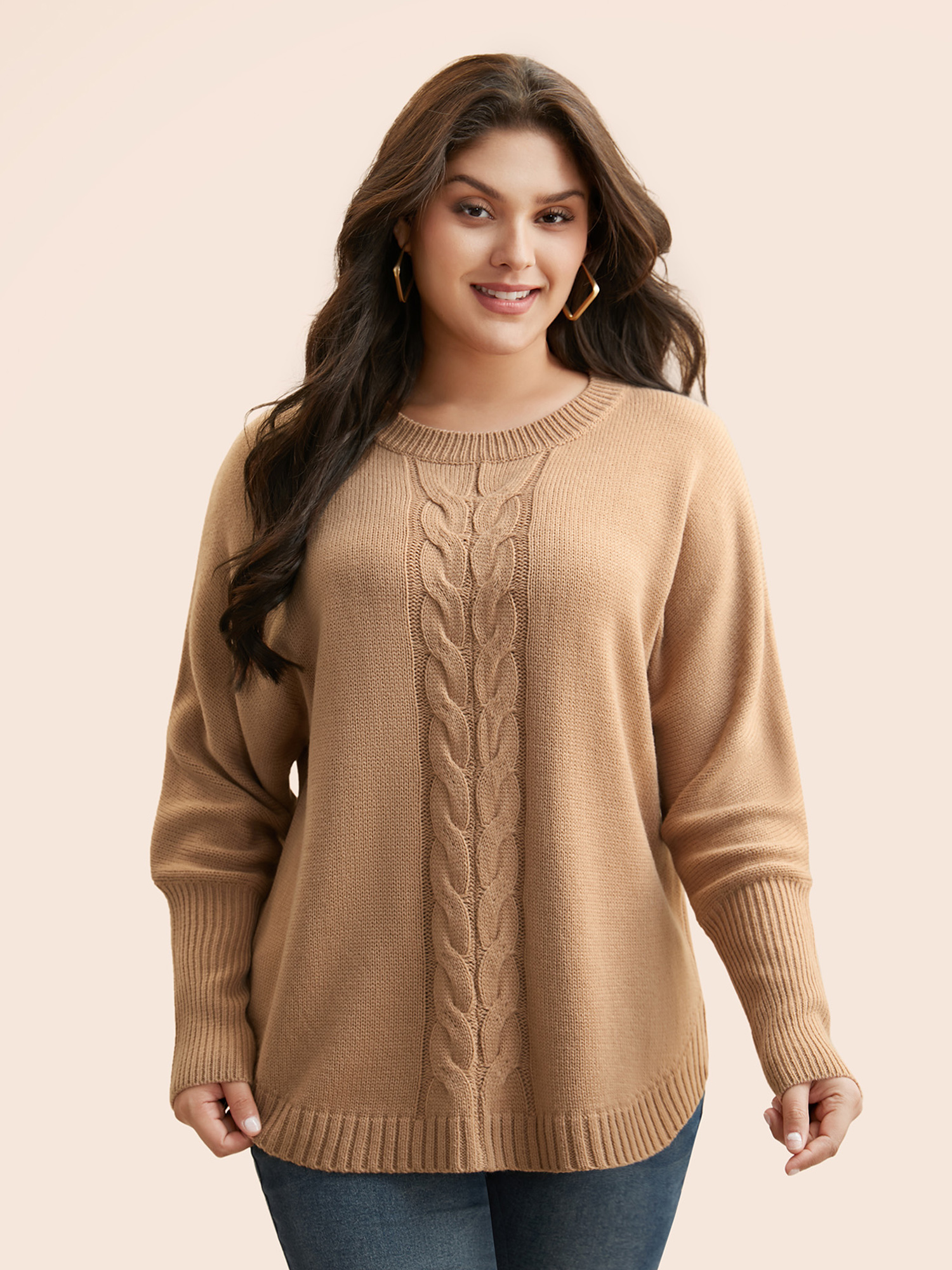 

Plus Size Plain Dolman Sleeve Arc Hem Pullover Tan Women Casual Loose Long Sleeve Round Neck Everyday Pullovers BloomChic