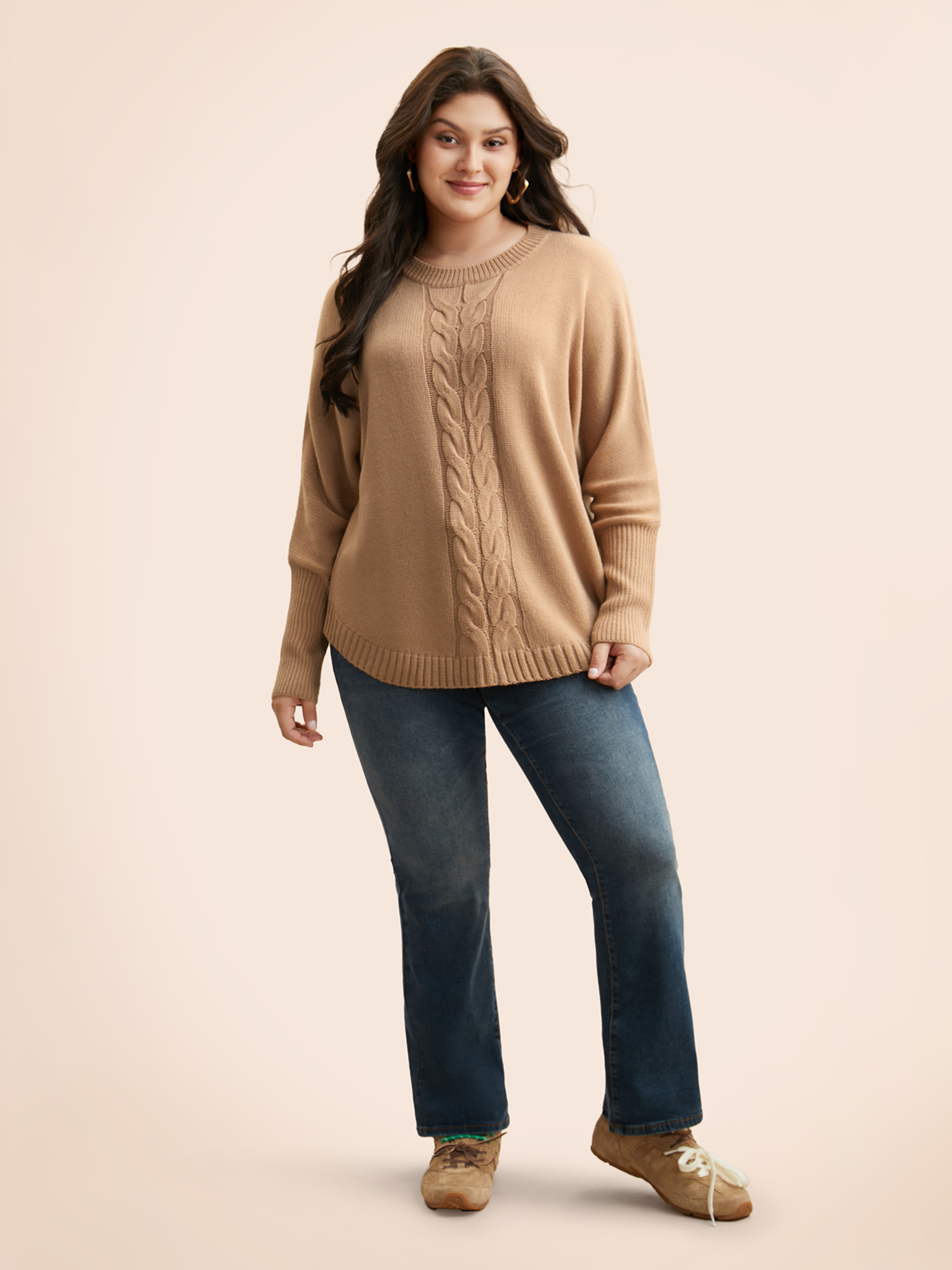 

Plus Size Plain Dolman Sleeve Arc Hem Pullover Tan Women Casual Loose Long Sleeve Round Neck Everyday Pullovers BloomChic