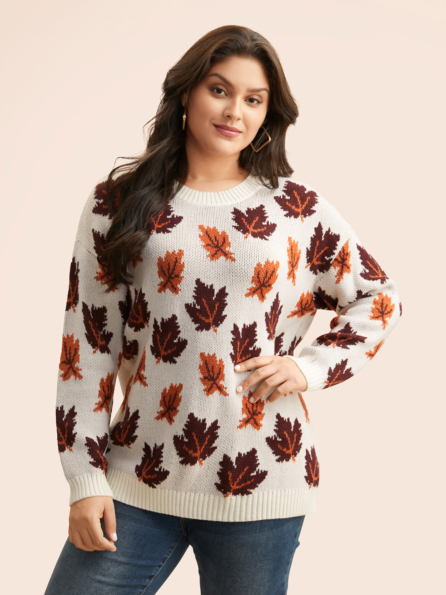 

Plus Size Leaves Jacquard Drop Shoulder Sleeve Pullover Ivory Women Casual Long Sleeve Round Neck Everyday Pullovers BloomChic