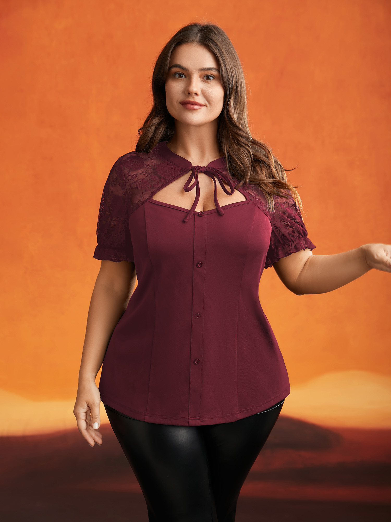 

Plus Size Burgundy Lace Tie Cutout Neck Mesh Blouse Women Elegant Short sleeve Round Neck Everyday Blouses BloomChic