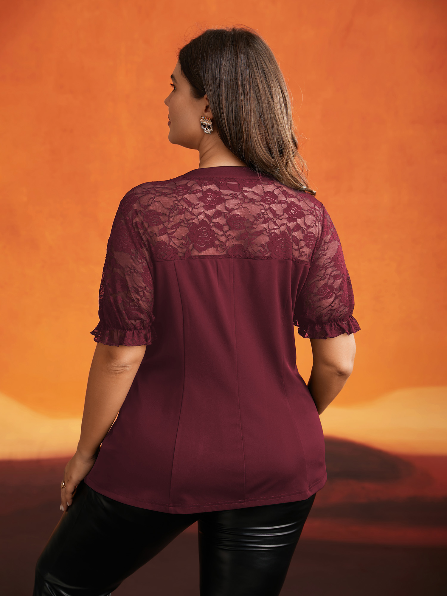 

Plus Size Burgundy Lace Tie Cutout Neck Mesh Blouse Women Elegant Short sleeve Round Neck Everyday Blouses BloomChic