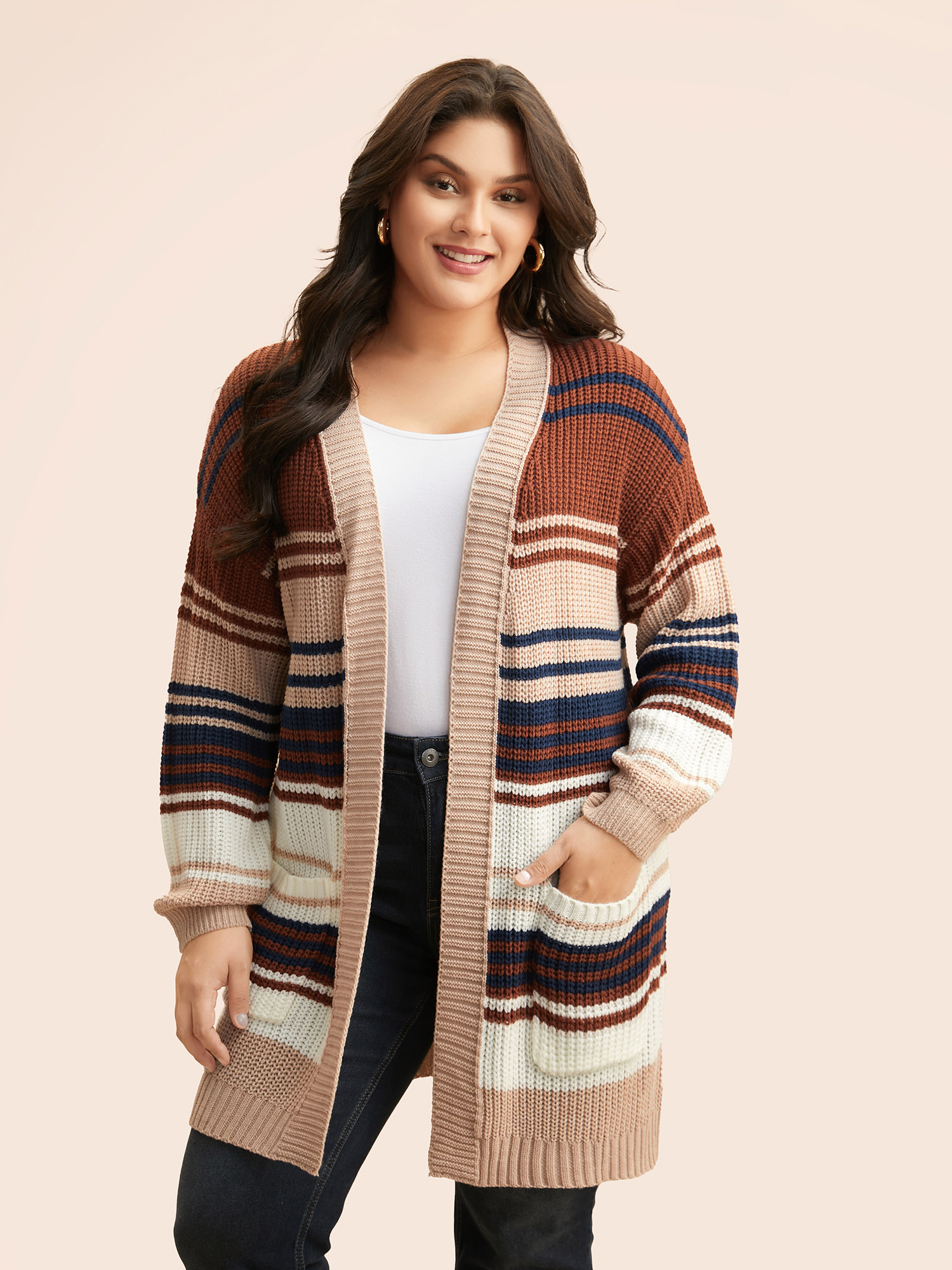 

Plus Size Contrast Striped Pocket Drop Shoulder Cardigan Browncoffeecolor Women Casual Loose Long Sleeve Everyday Cardigans BloomChic