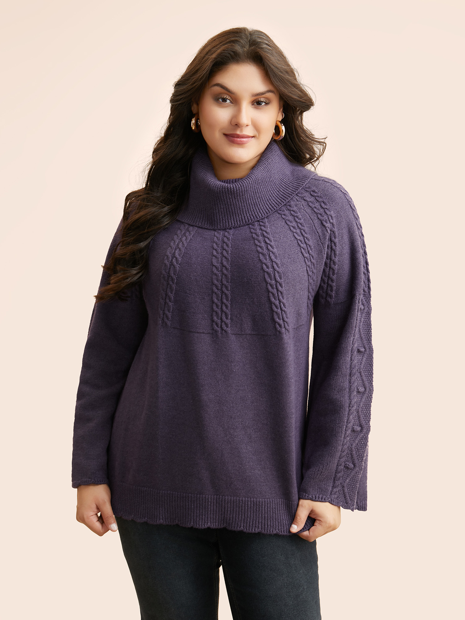 

Plus Size Turtleneck Texture Cable Knit Pullover Eggplant Women Casual Long Sleeve Turtleneck Everyday Pullovers BloomChic