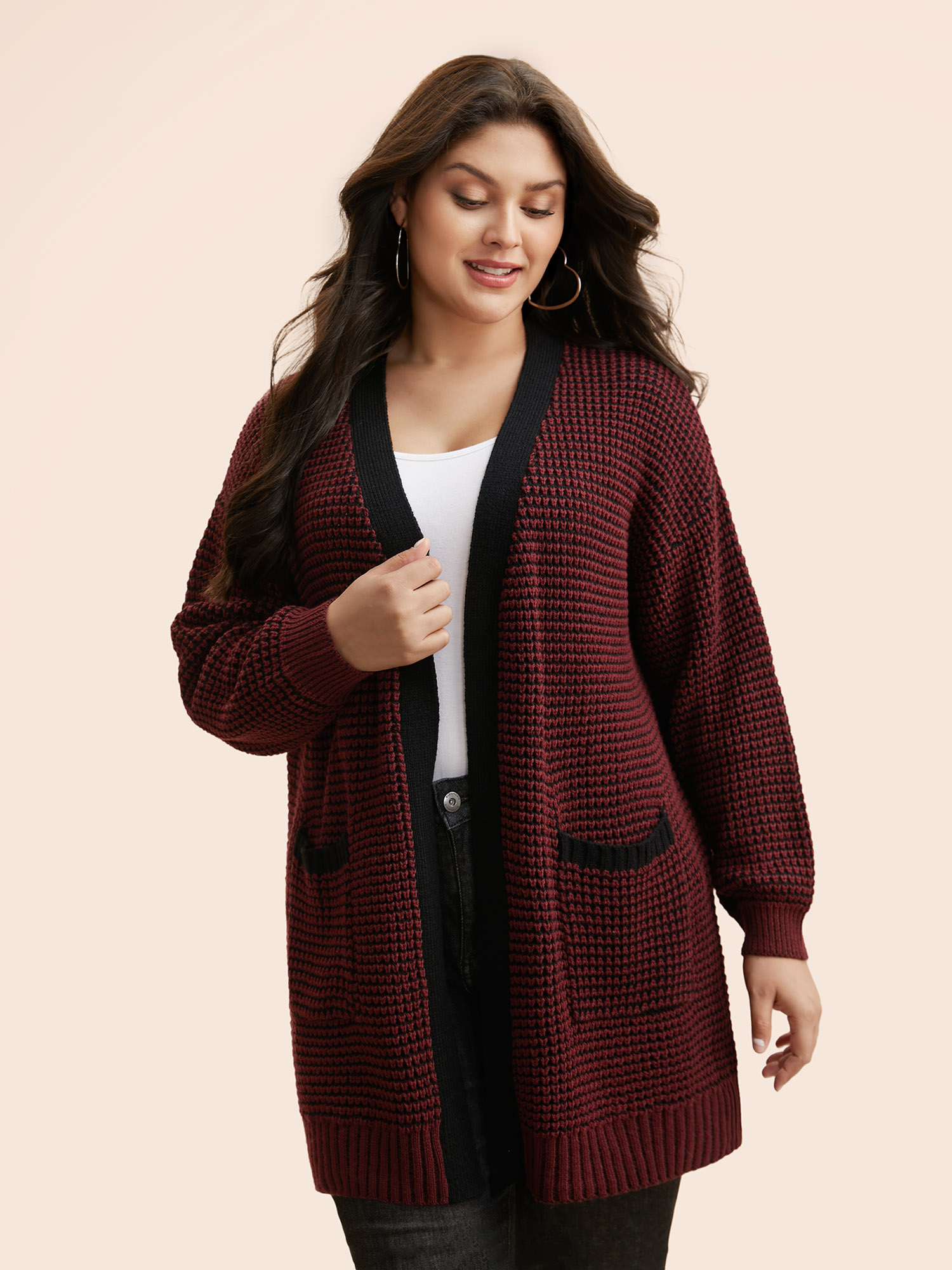 

Plus Size Contrast Textured Drop Shoulder Sleeve Cardigan Burgundy Women Casual Loose Long Sleeve Everyday Cardigans BloomChic