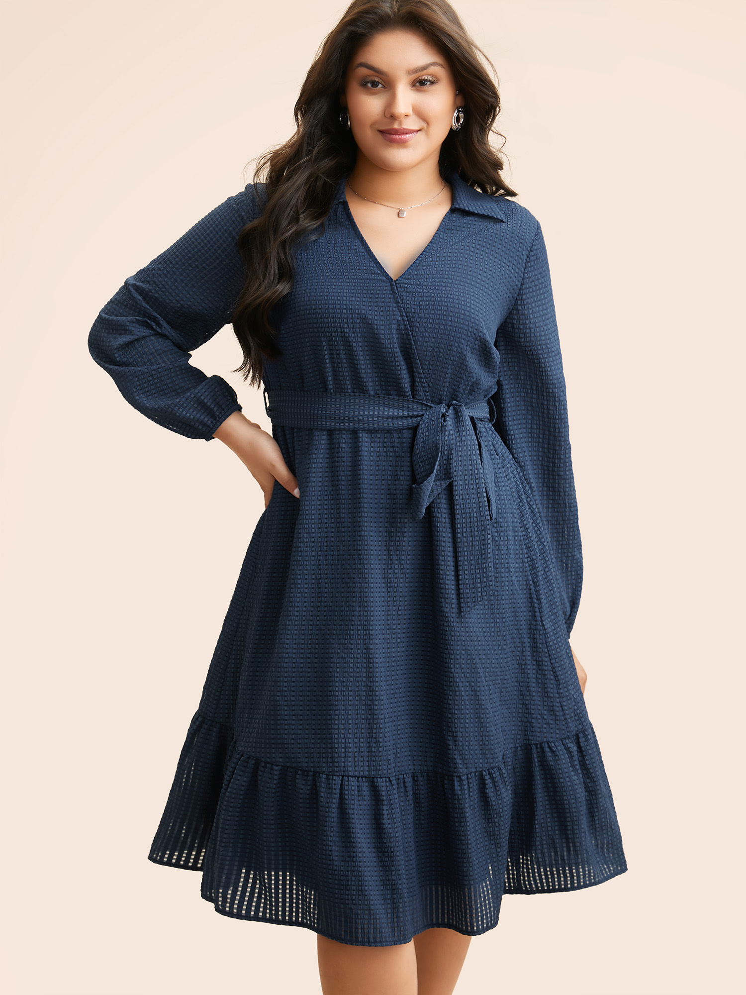 

Plus Size Overlap Collar Plain Textured Midi Dress DarkBlue Women Elegant Texture Overlap Collar Long Sleeve Curvy BloomChic