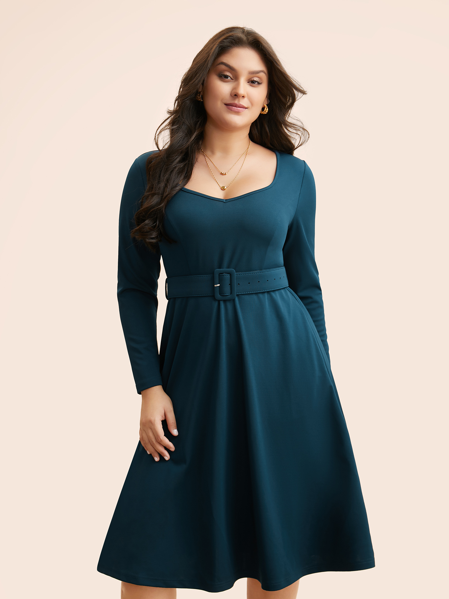 

Plus Size Solid Heart Neckline Belted Dress Cyan Women Elegant Belted Heart neckline Long Sleeve Curvy BloomChic