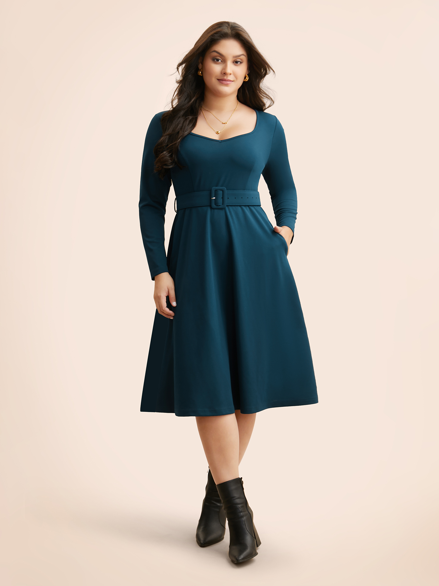 

Plus Size Solid Heart Neckline Belted Dress Cyan Women Elegant Belted Heart neckline Long Sleeve Curvy BloomChic