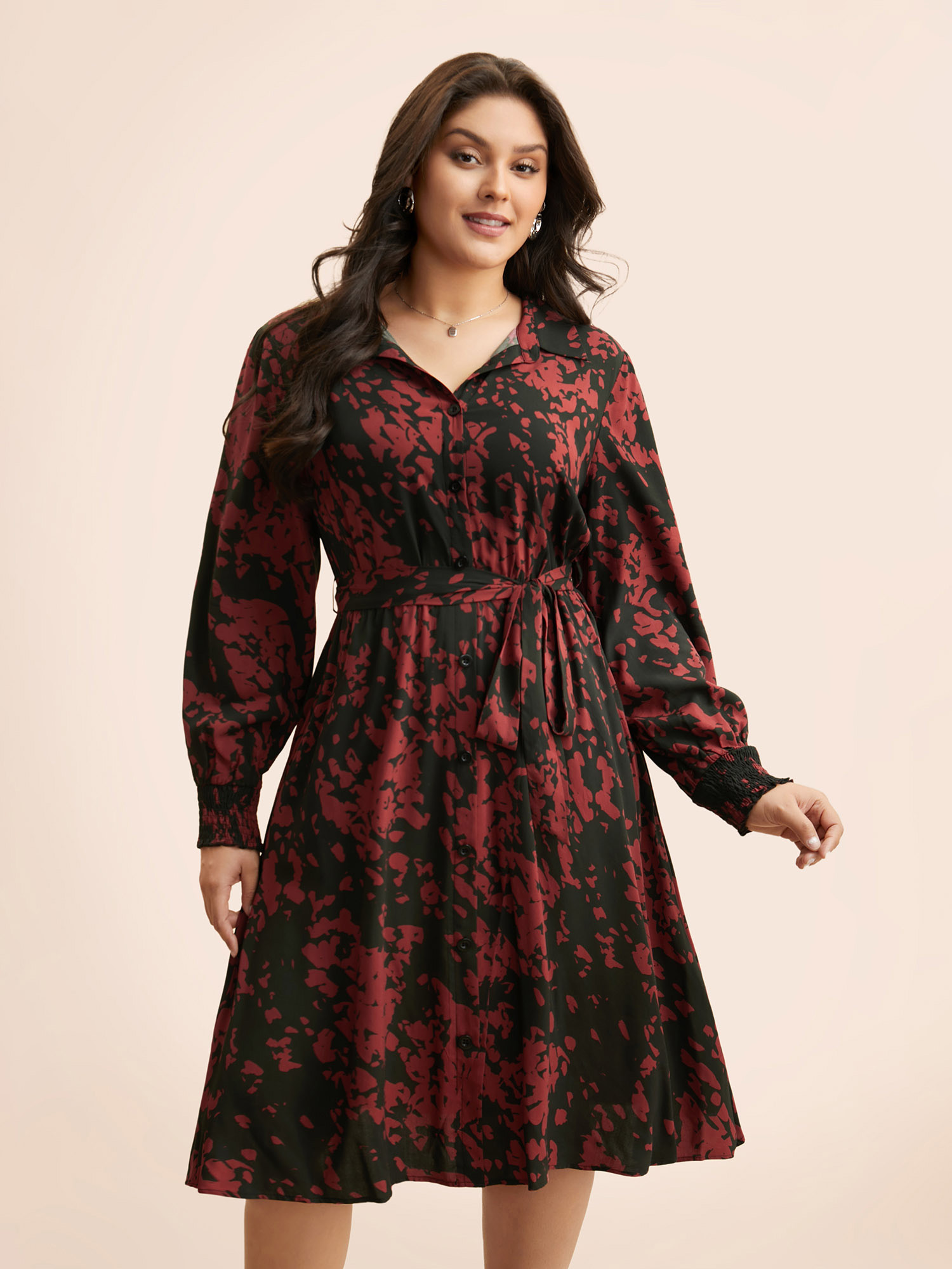 

Plus Size Silhouette Floral Print Shirt Collar Belted Dress BlackFlower Women Elegant Belted Shirt collar Long Sleeve Curvy BloomChic