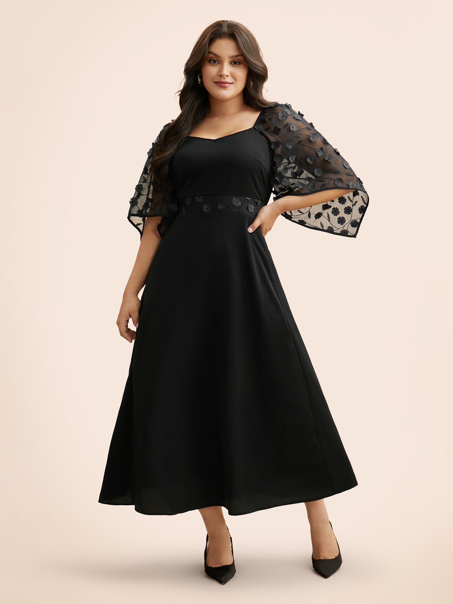 

Plus Size Stereo Flower Design Mesh Shirred Dress Black Women Formal Texture Party Curvy Bloomchic