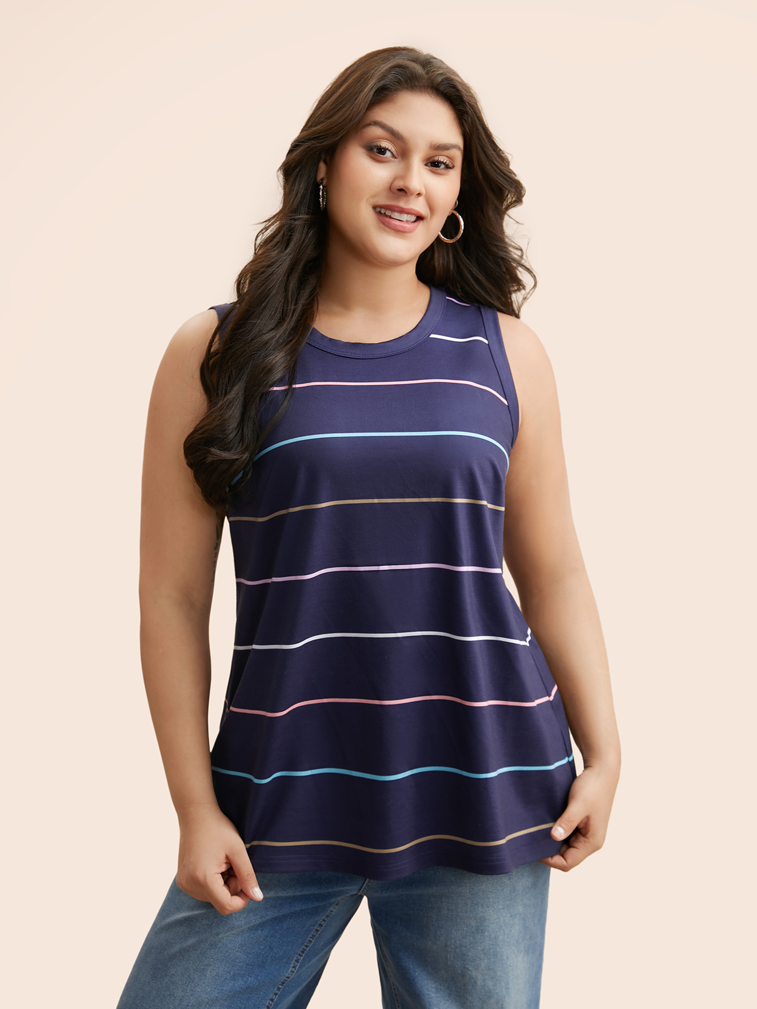 

Plus Size Round Neck Colored Striped Tank Top Women Indigo Casual Contrast Round Neck Everyday Tank Tops Camis BloomChic