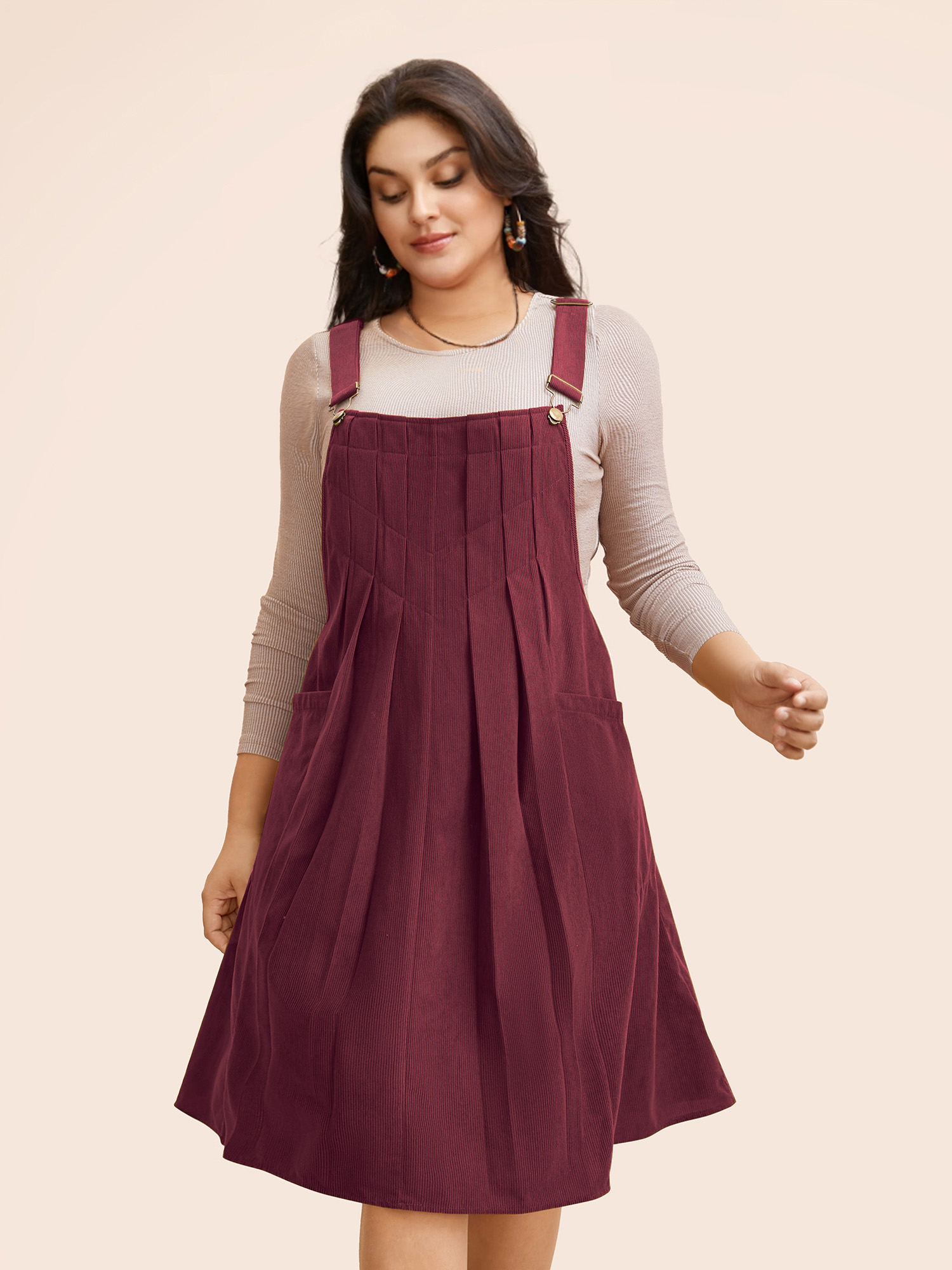 

Plus Size Solid Corduroy Pleated Overall Dress Burgundy Women Casual Texture Non Sleeveless Curvy BloomChic