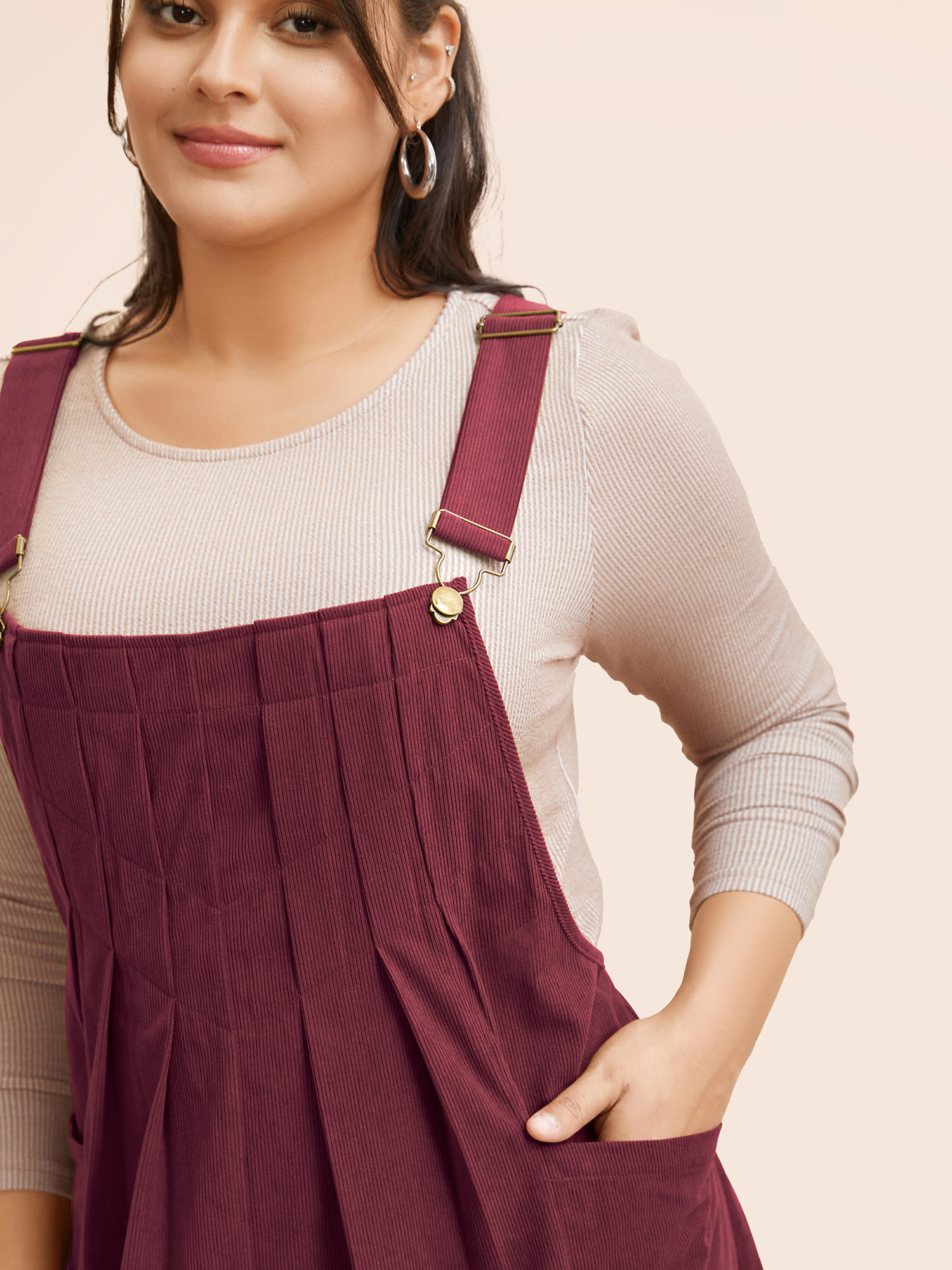 

Plus Size Solid Corduroy Pleated Overall Dress Burgundy Women Casual Texture Non Sleeveless Curvy BloomChic