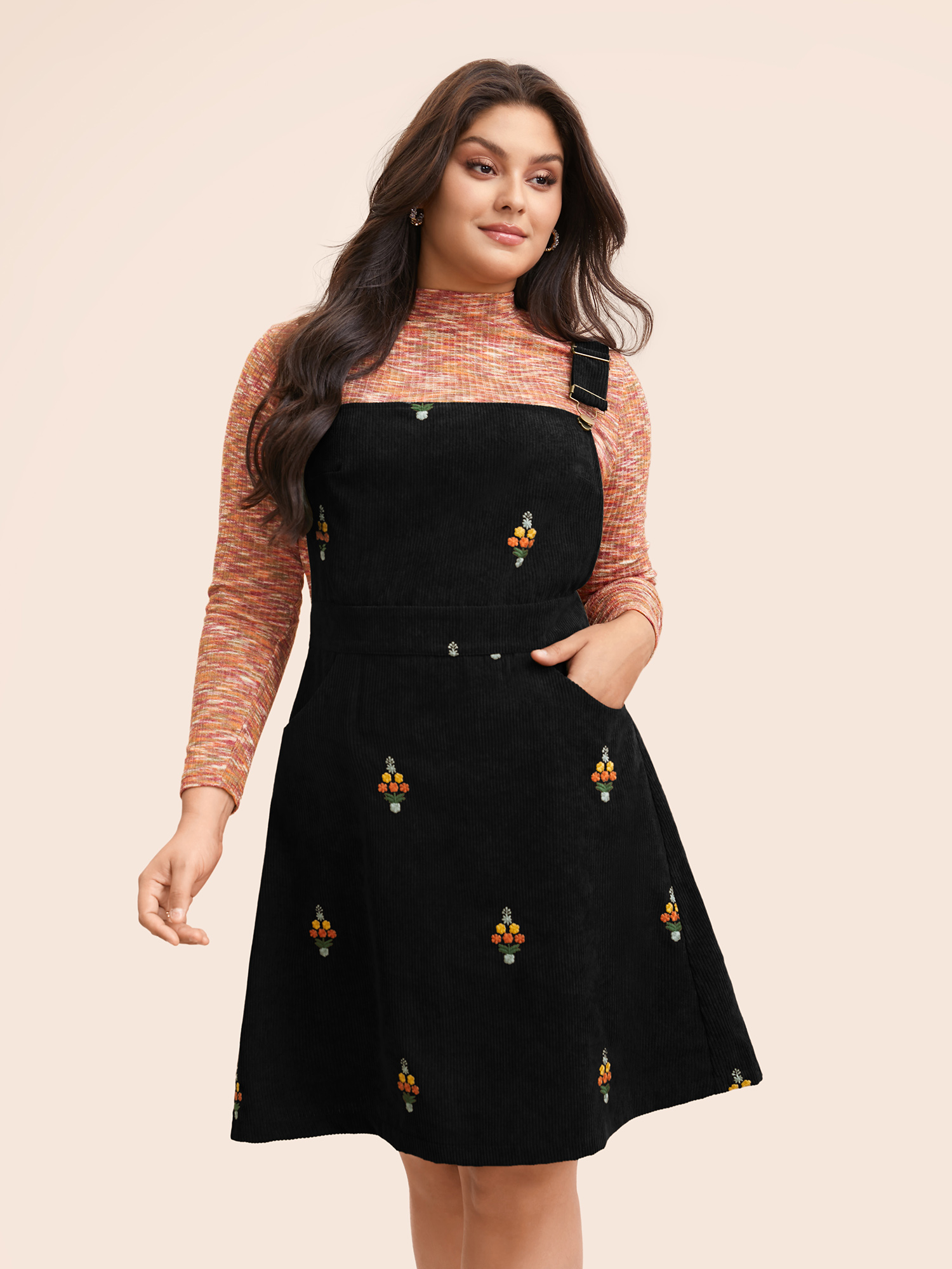 

Plus Size Floral Embroidered Corduroy Overall Dress Black Women Elegant Texture Non Sleeveless Curvy BloomChic