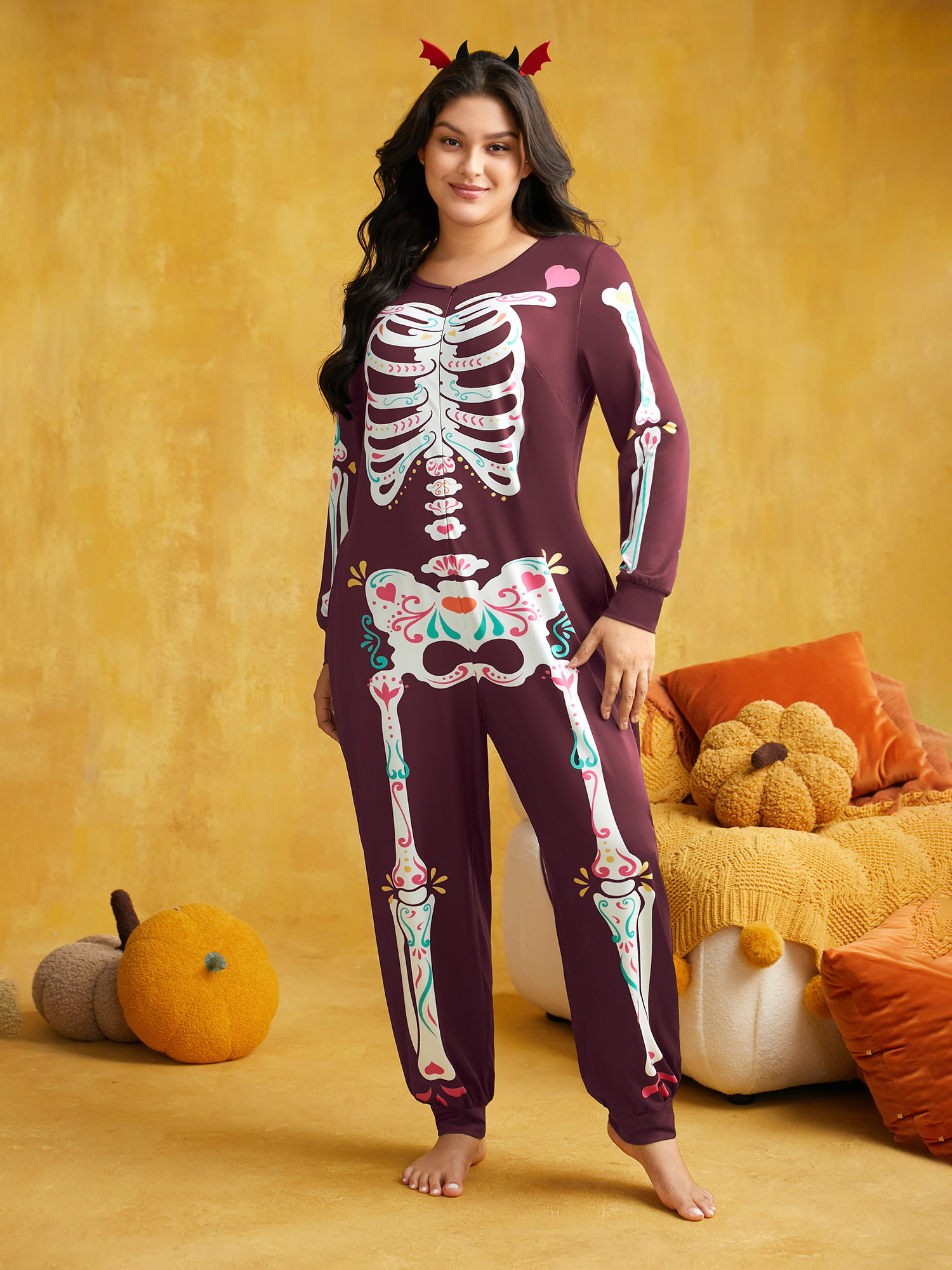 

Plus Size Skeletal Rib Invisible Zipper Romper Burgundy Side seam pocket Non Everyday Casual Sleep Jumpsuits/Rompers  Bloomchic