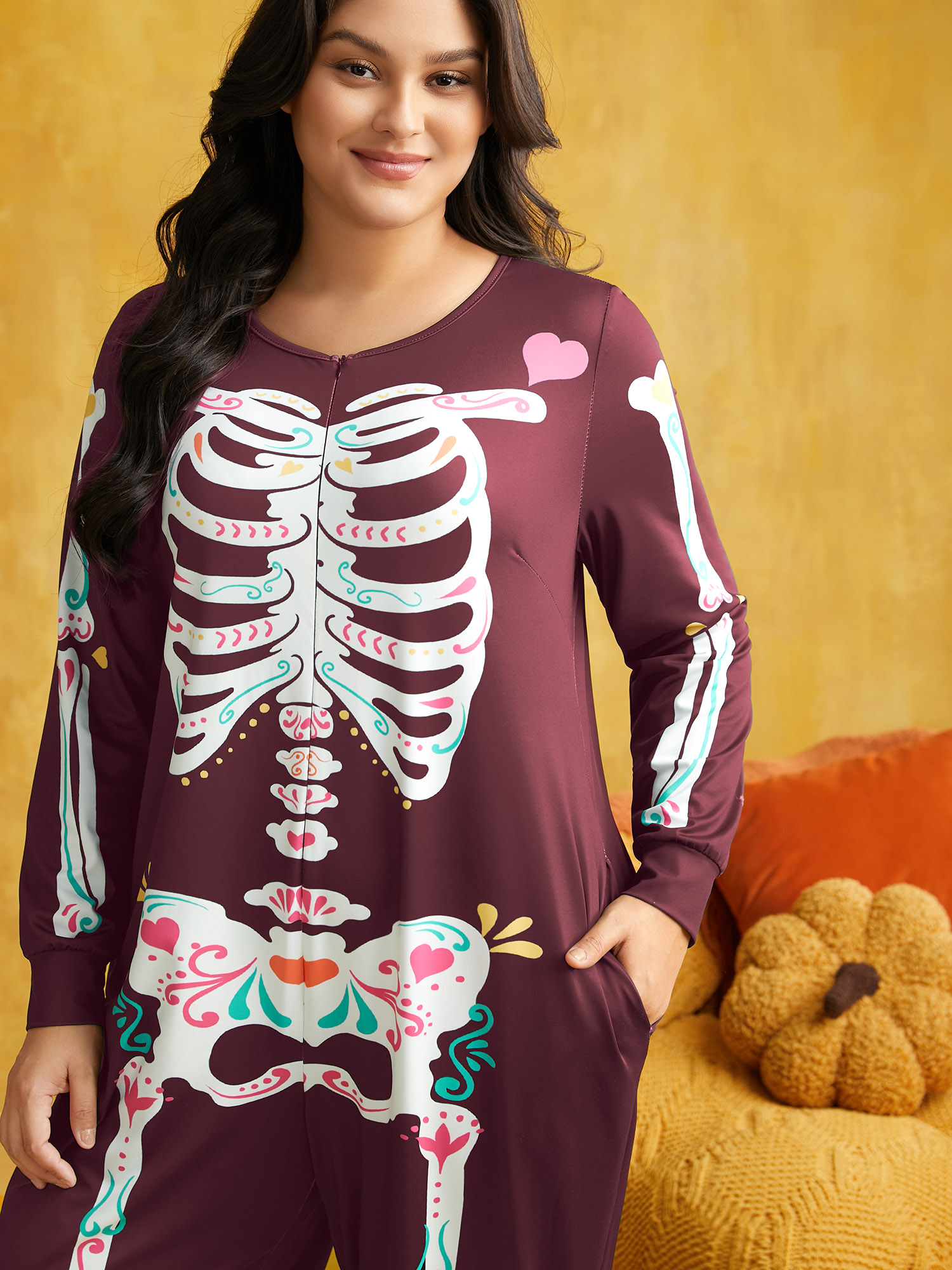 

Plus Size Skeletal Rib Invisible Zipper Romper Burgundy Side seam pocket Non Everyday Casual Sleep Jumpsuits/Rompers  Bloomchic