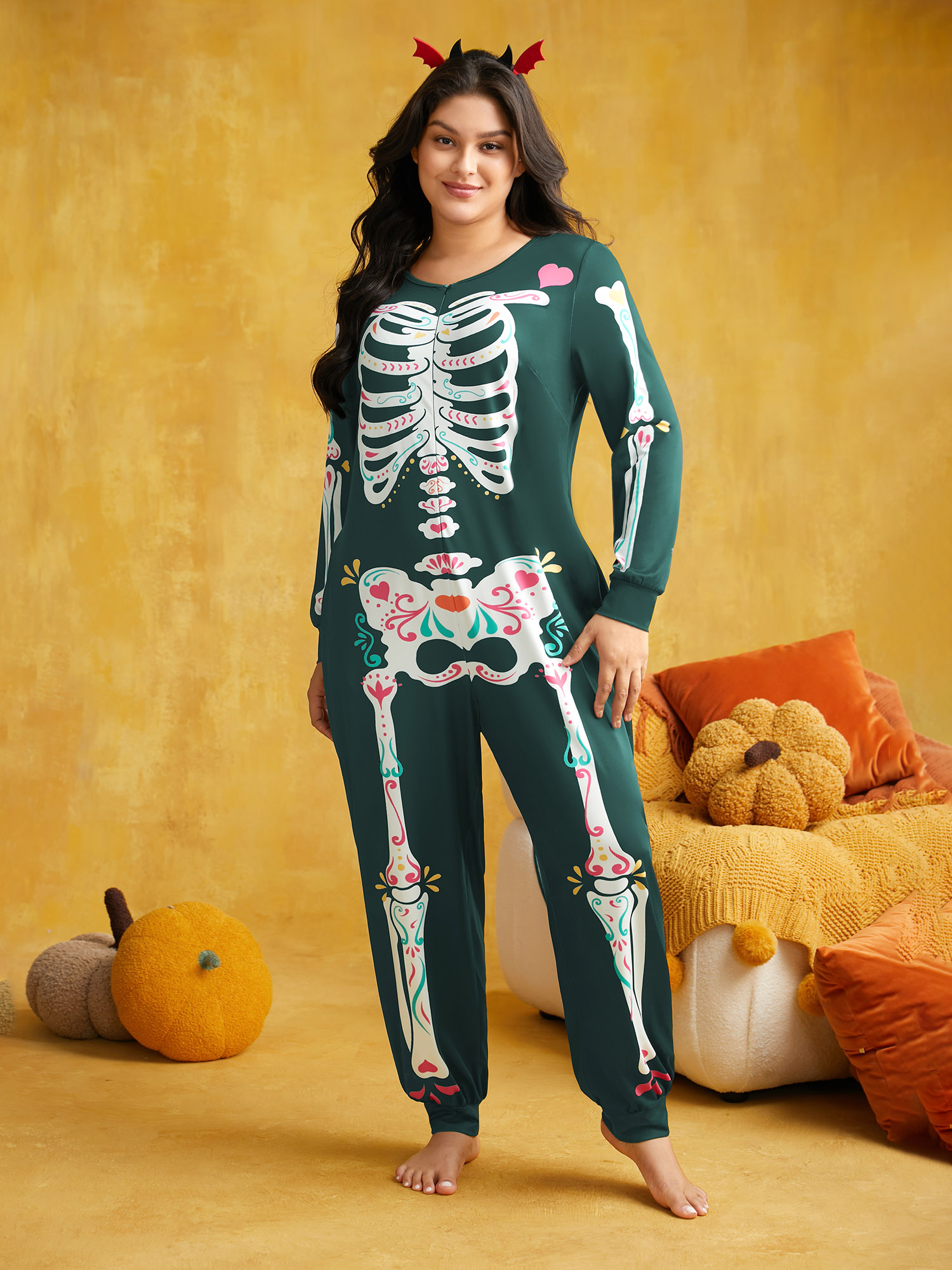 

Plus Size Skeletal Rib Invisible Zipper Romper DarkGreen Side seam pocket Non Everyday Casual Sleep Jumpsuits/Rompers  Bloomchic