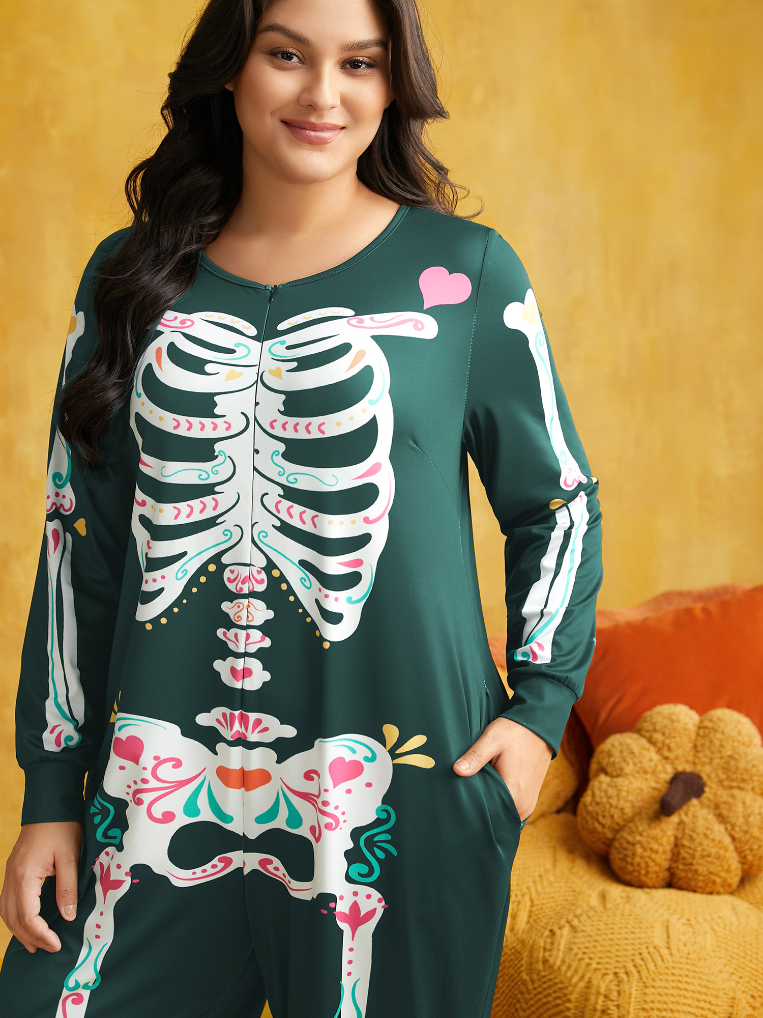 

Plus Size Skeletal Rib Invisible Zipper Romper DarkGreen Side seam pocket Non Everyday Casual Sleep Jumpsuits/Rompers  Bloomchic