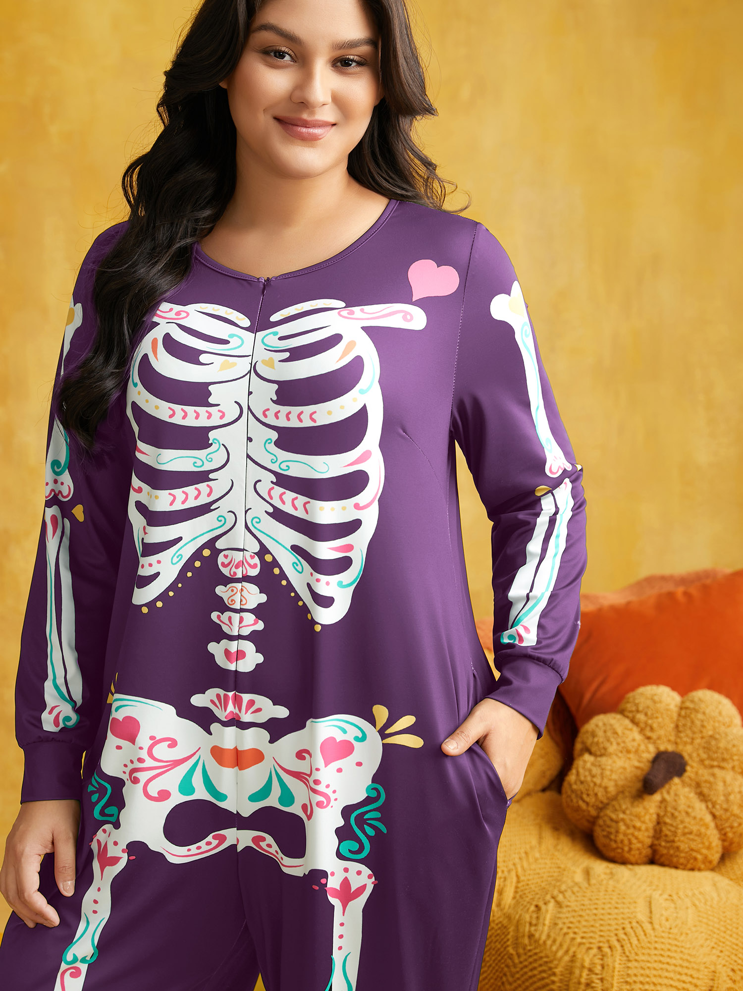 

Plus Size Skeletal Rib Invisible Zipper Romper Deeppurple Side seam pocket Non Everyday Casual Sleep Jumpsuits/Rompers  Bloomchic