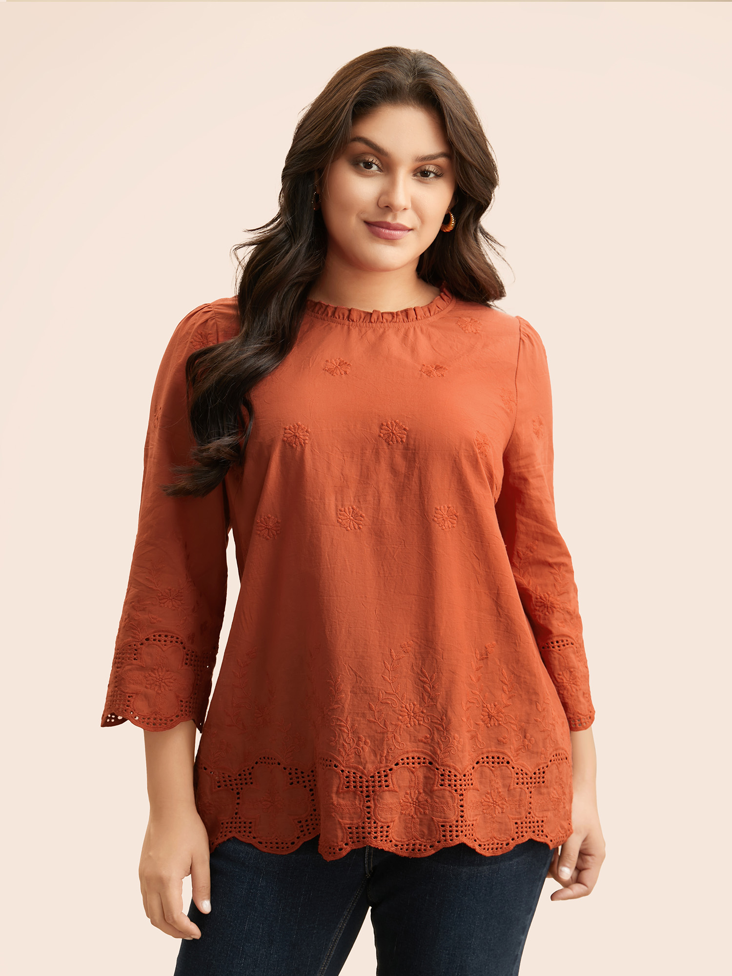 

Plus Size Rust Lace Collar Broderie Anglaise Bell Sleeve Blouse Women Elegant Elbow-length sleeve Lace collar Everyday Blouses BloomChic