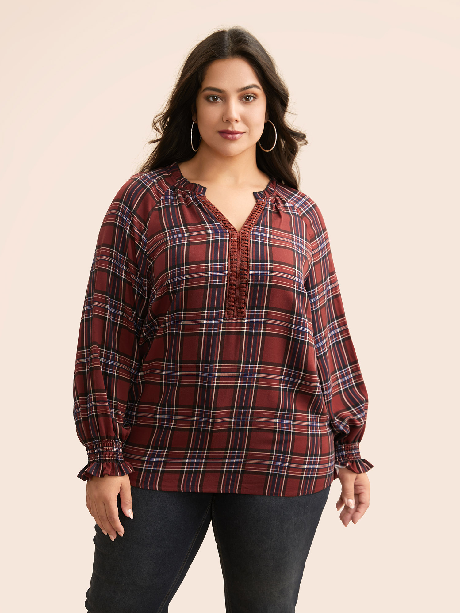 

Plus Size Browncoffeecolor Plaid Contrast Webbing Ruffle Trim Blouse Women Elegant Long Sleeve Flat collar with V-notch Everyday Blouses BloomChic