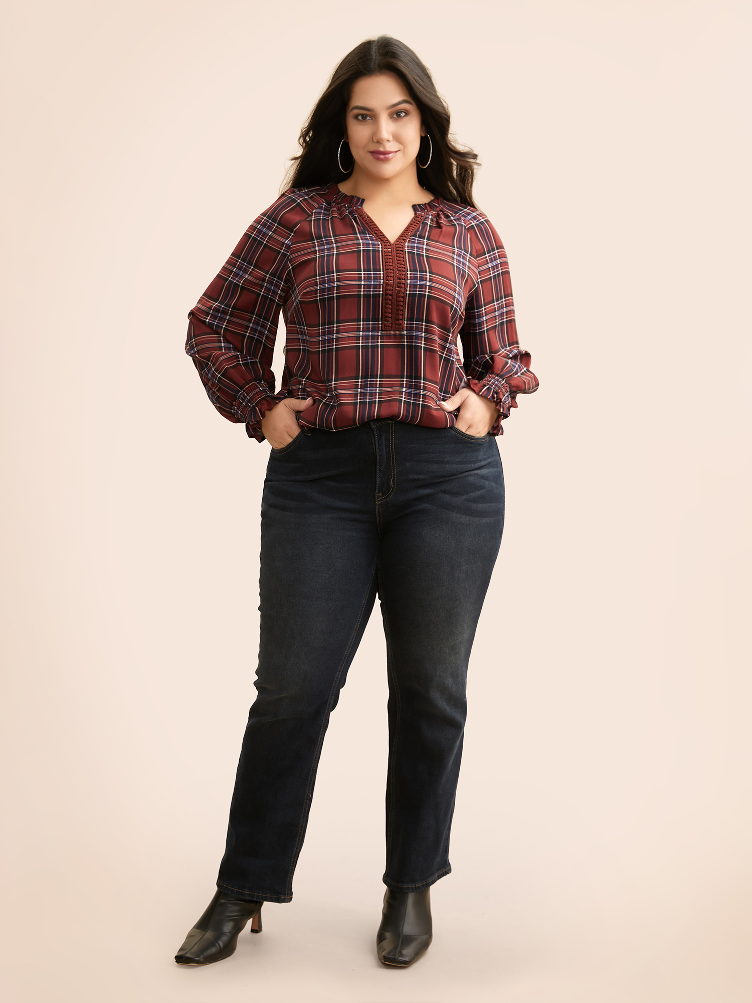 Plus Size Browncoffeecolor Plaid Contrast Webbing Ruffle Trim Blouse Women Elegant Long Sleeve Flat collar with V-notch Everyday Blouses BloomChic 18-20/2X 
