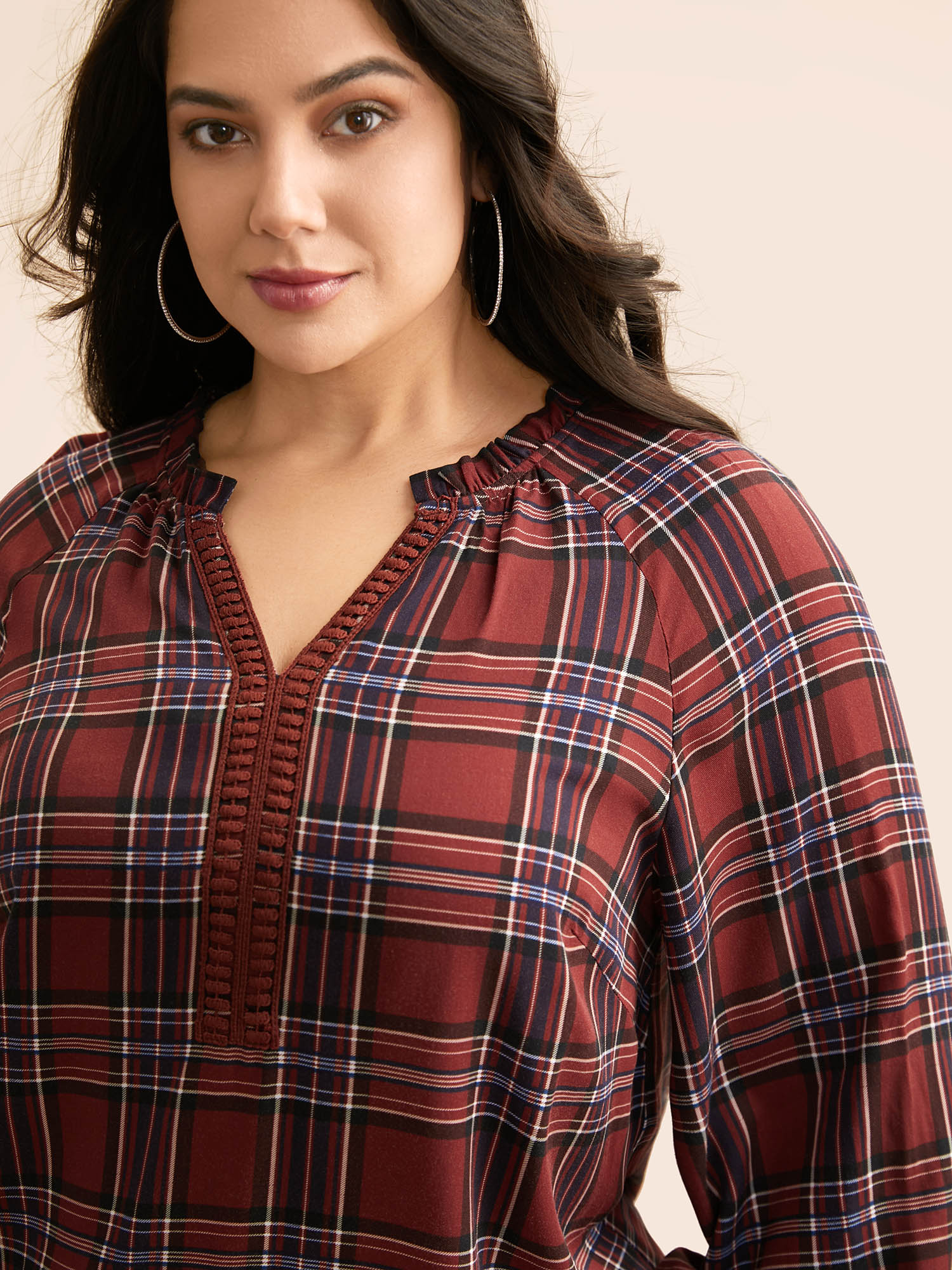 Plus Size Browncoffeecolor Plaid Contrast Webbing Ruffle Trim Blouse Women Elegant Long Sleeve Flat collar with V-notch Everyday Blouses BloomChic 18-20/2X 