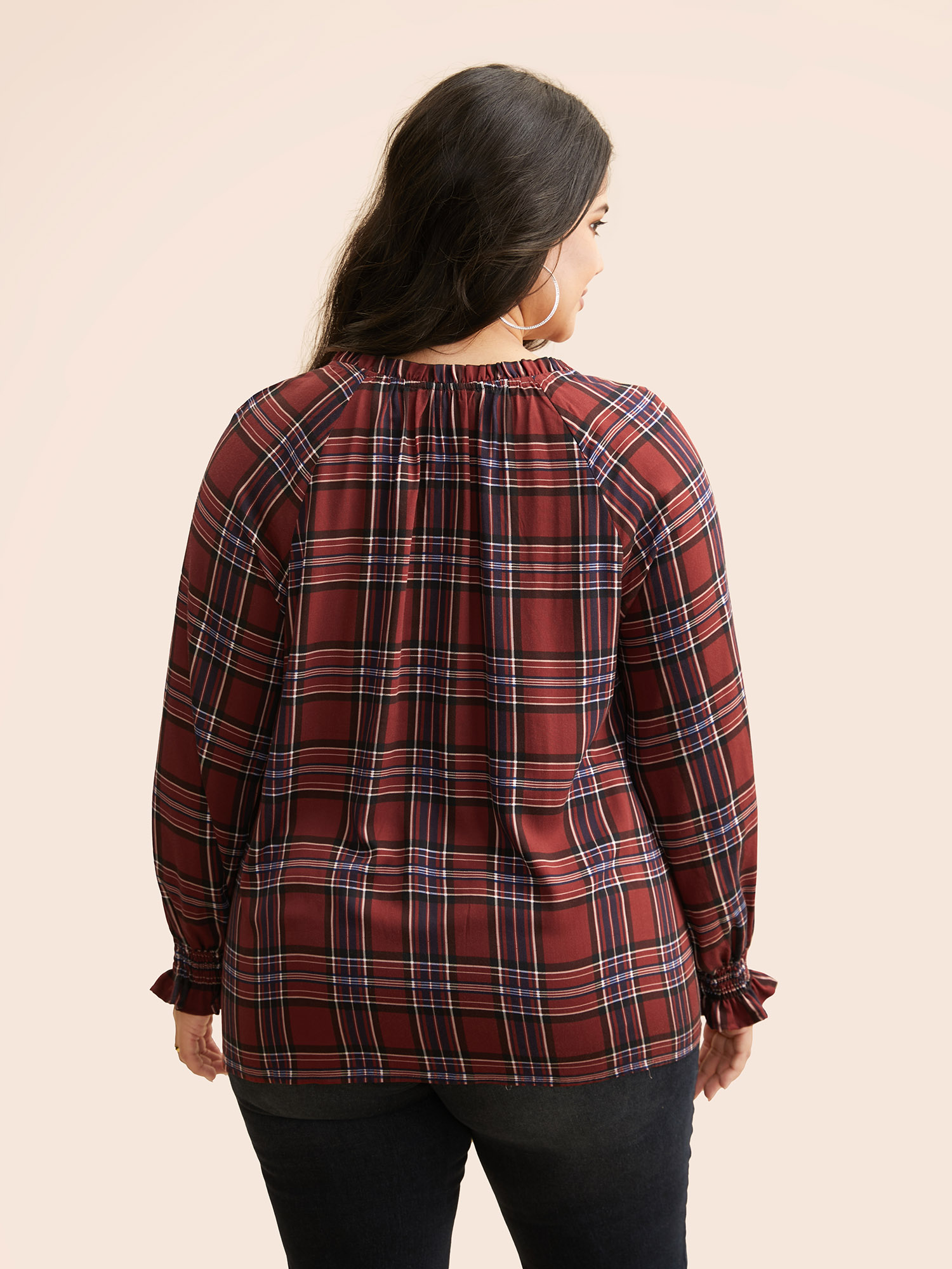 Plus Size Browncoffeecolor Plaid Contrast Webbing Ruffle Trim Blouse Women Elegant Long Sleeve Flat collar with V-notch Everyday Blouses BloomChic 18-20/2X 