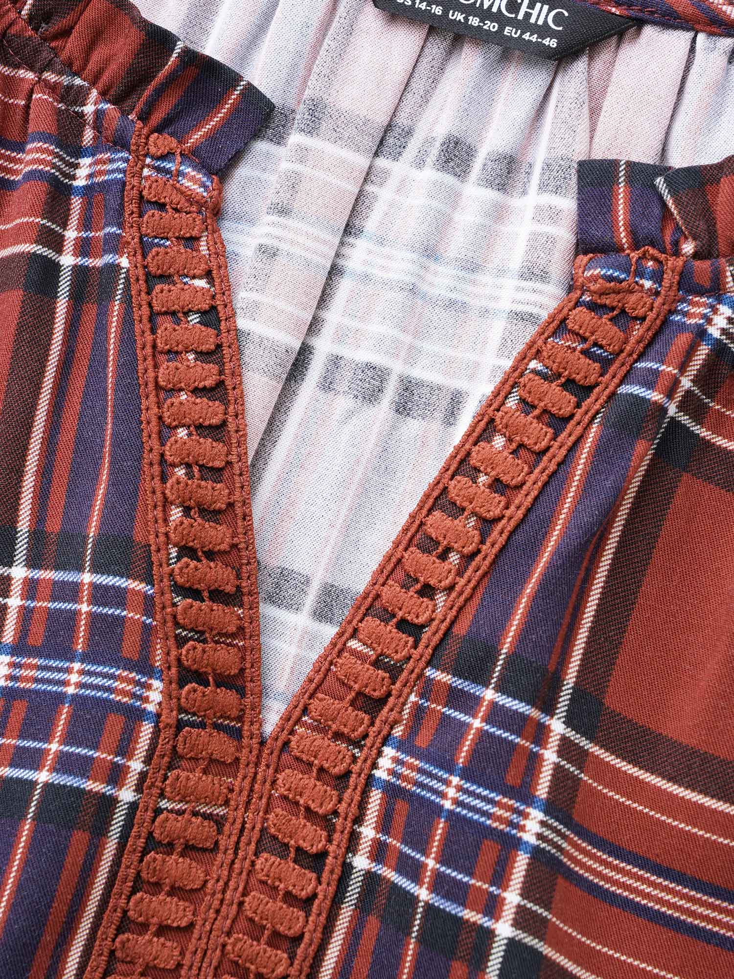 Plus Size Browncoffeecolor Plaid Contrast Webbing Ruffle Trim Blouse Women Elegant Long Sleeve Flat collar with V-notch Everyday Blouses BloomChic 18-20/2X 