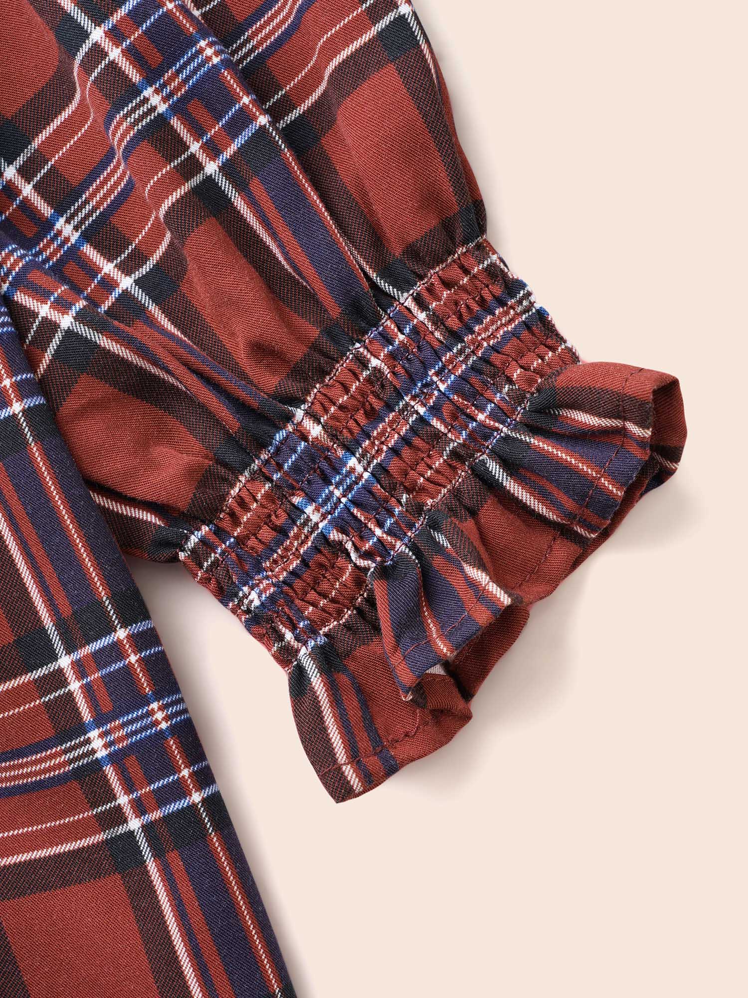 Plus Size Browncoffeecolor Plaid Contrast Webbing Ruffle Trim Blouse Women Elegant Long Sleeve Flat collar with V-notch Everyday Blouses BloomChic 18-20/2X 