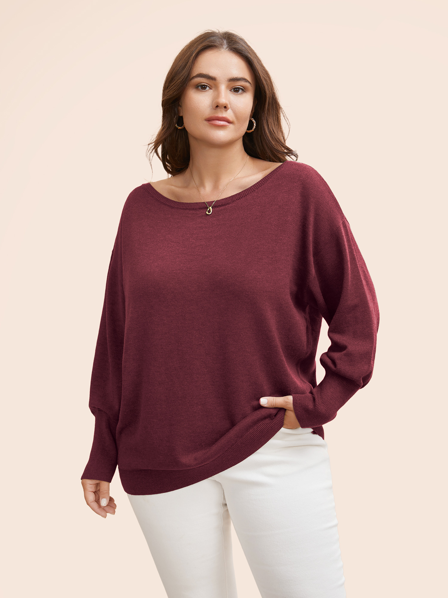 

Plus Size Supersoft Essentials Boat Neck Drop Shoulder Pullover Deepred Women Elegant Long Sleeve Boat Neck Everyday Pullovers BloomChic