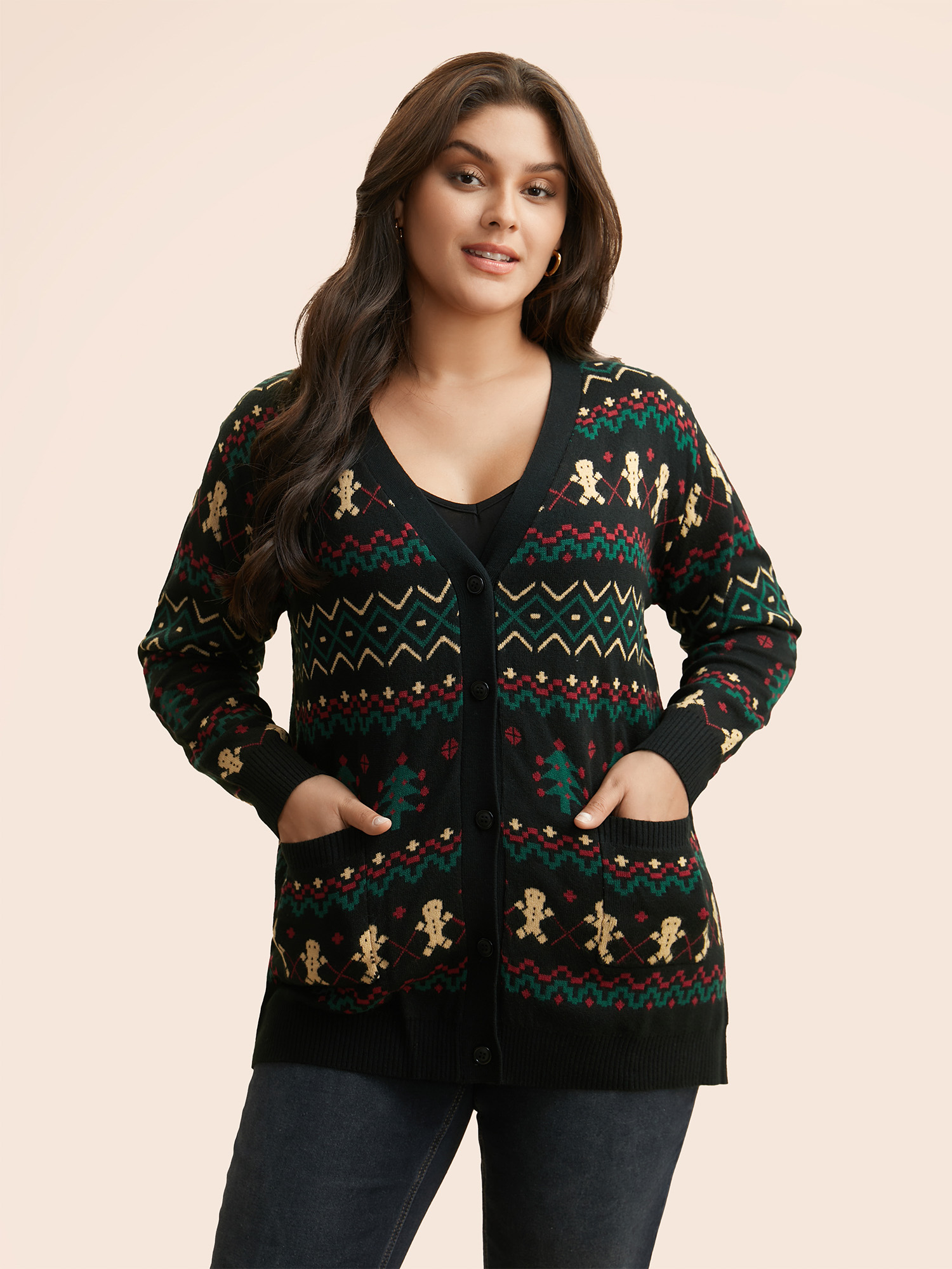 

Plus Size Christmas Trees & Gingerbread Man Print Pocket Cardigan Multicolor Women Casual Loose Long Sleeve Festival-Christmas Cardigans BloomChic