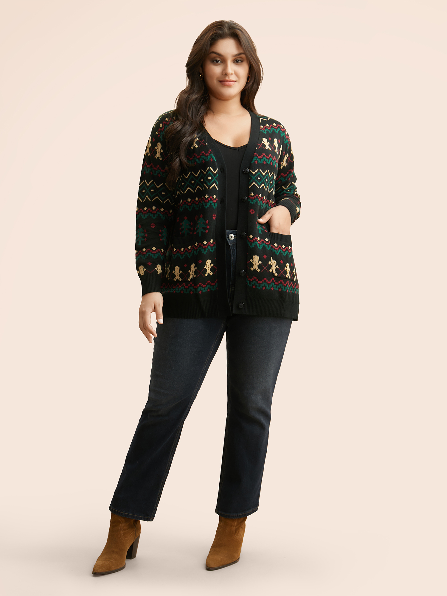 Plus Size Christmas Trees & Gingerbread Man Print Pocket Cardigan Multicolor Women Casual Loose Long Sleeve Festival-Christmas Cardigans BloomChic 30/6X 