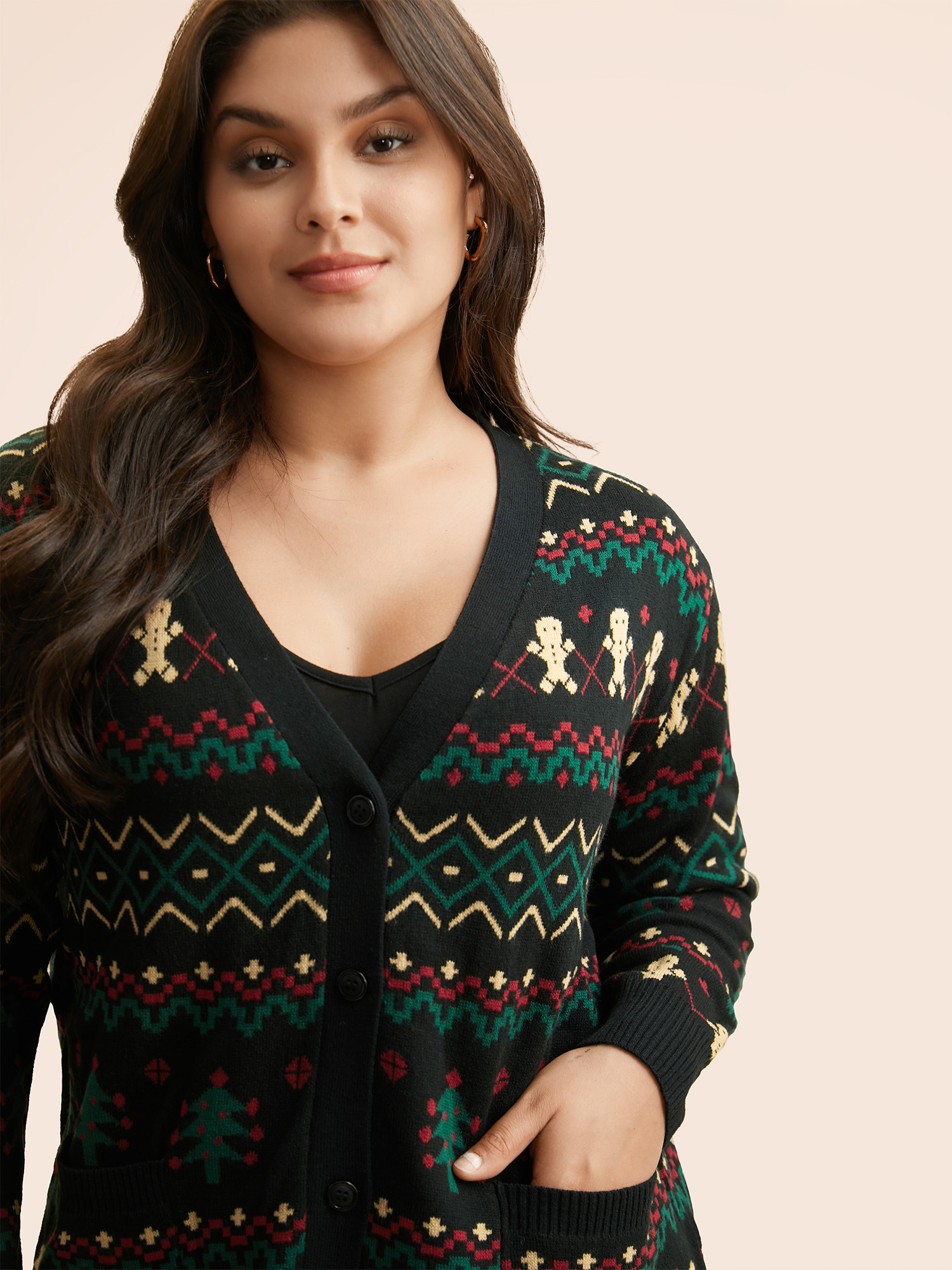 Plus Size Christmas Trees & Gingerbread Man Print Pocket Cardigan Multicolor Women Casual Loose Long Sleeve Festival-Christmas Cardigans BloomChic 30/6X 