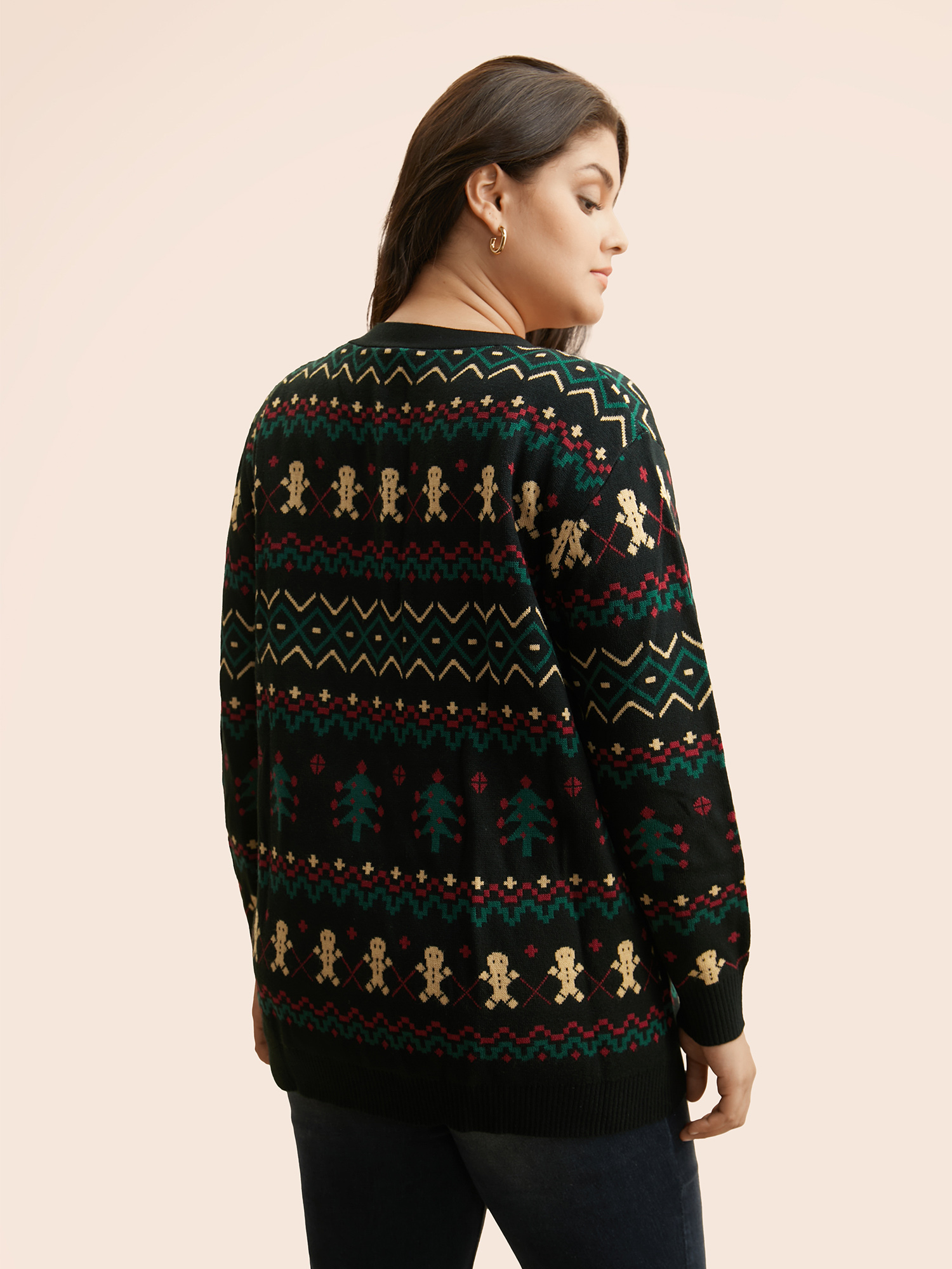 Plus Size Christmas Trees & Gingerbread Man Print Pocket Cardigan Multicolor Women Casual Loose Long Sleeve Festival-Christmas Cardigans BloomChic 30/6X 