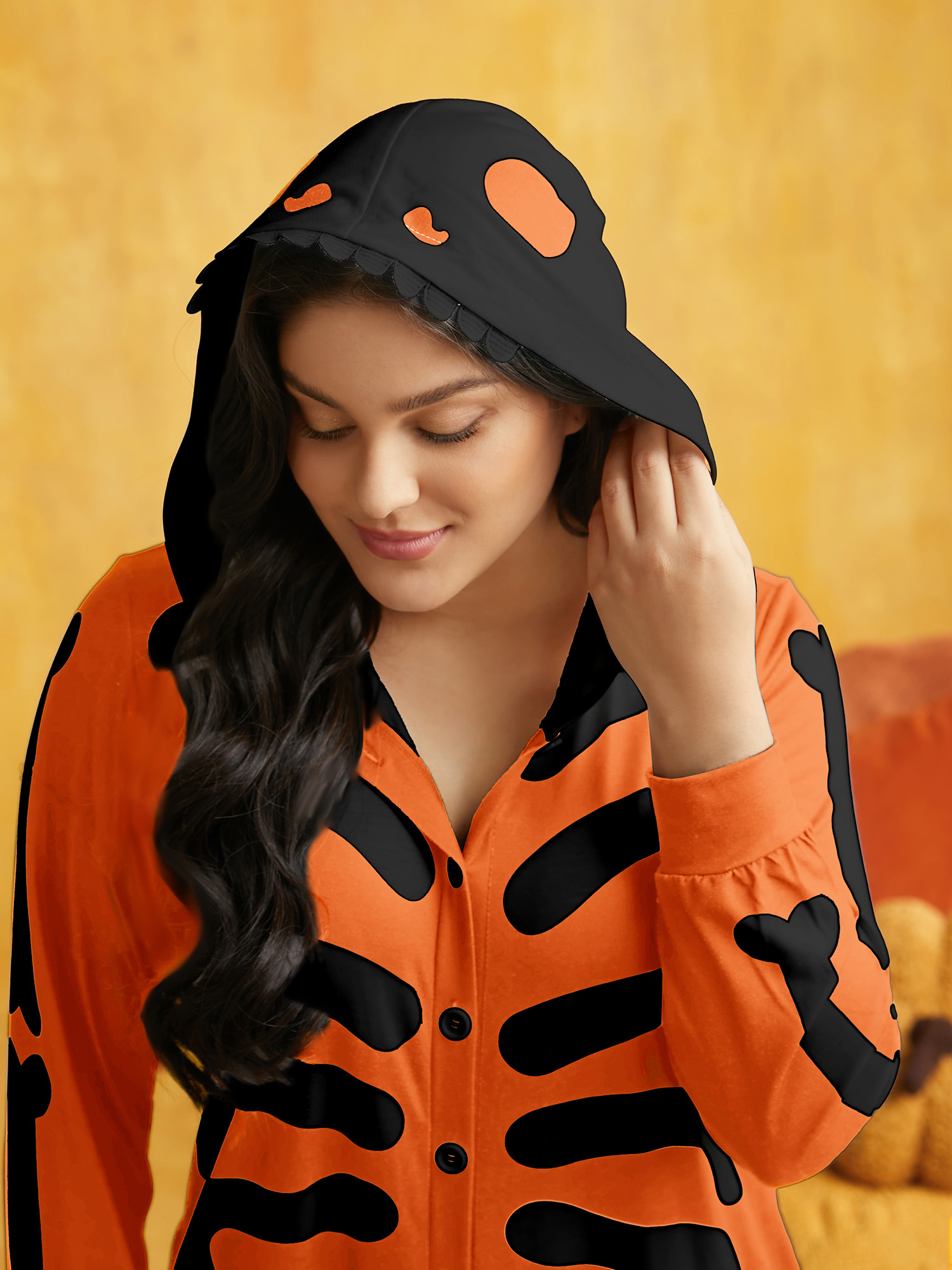 

Plus Size Skeleton Printed Button-Up Hooded Lounge Jumpsuit Brightorange  Bloomchic