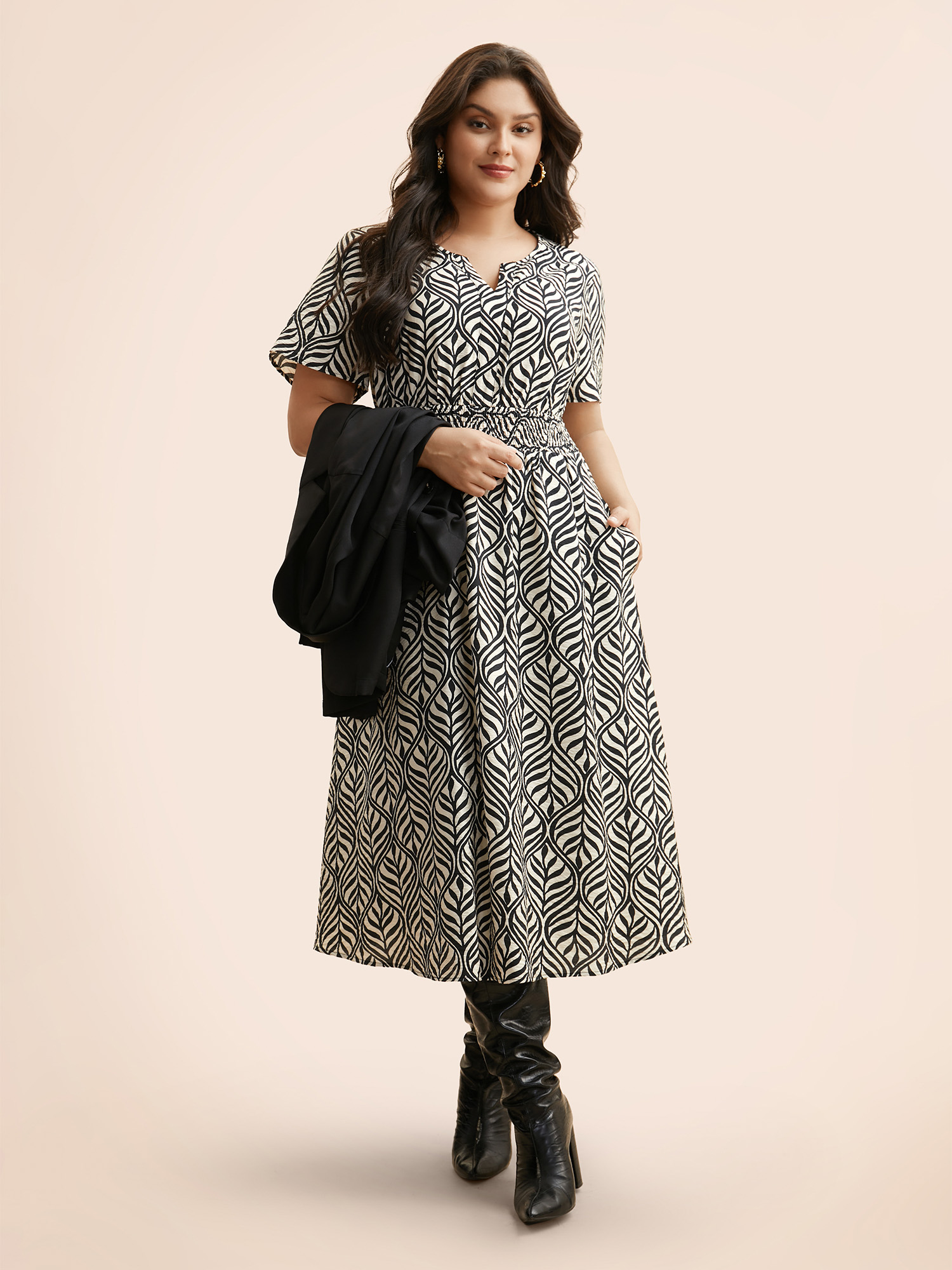 

Plus Size Boho Print Notched Collar Shirred Dress Black Women At the Office Shirred Notched collar Short sleeve Curvy BloomChic