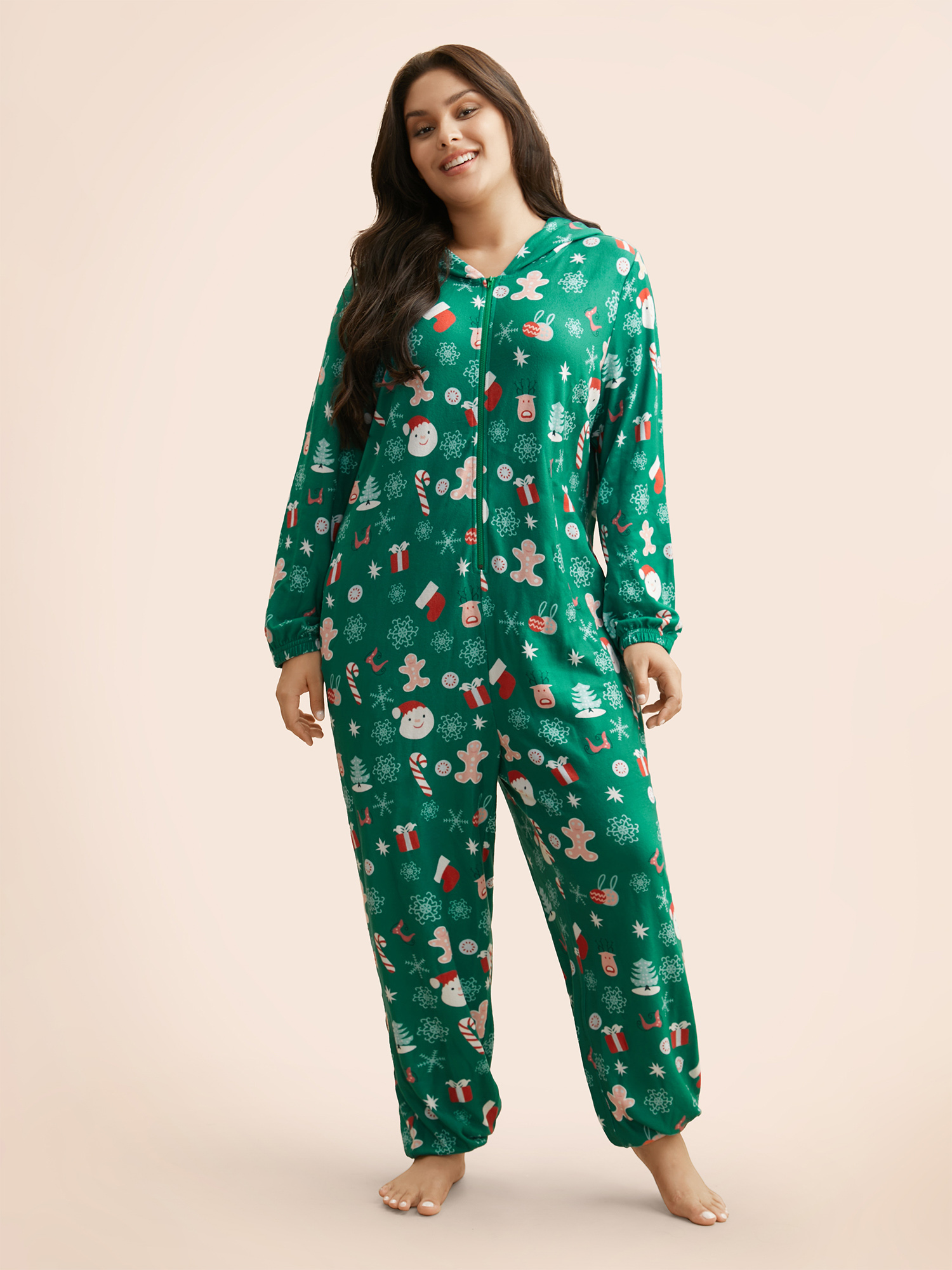 

Plus Size Christmas Graphic Hooded Pocket Sleep Jumpsuit Green Pocket Elastic cuffs Festival-Christmas Casual Sleep Jumpsuits/Rompers  Bloomchic