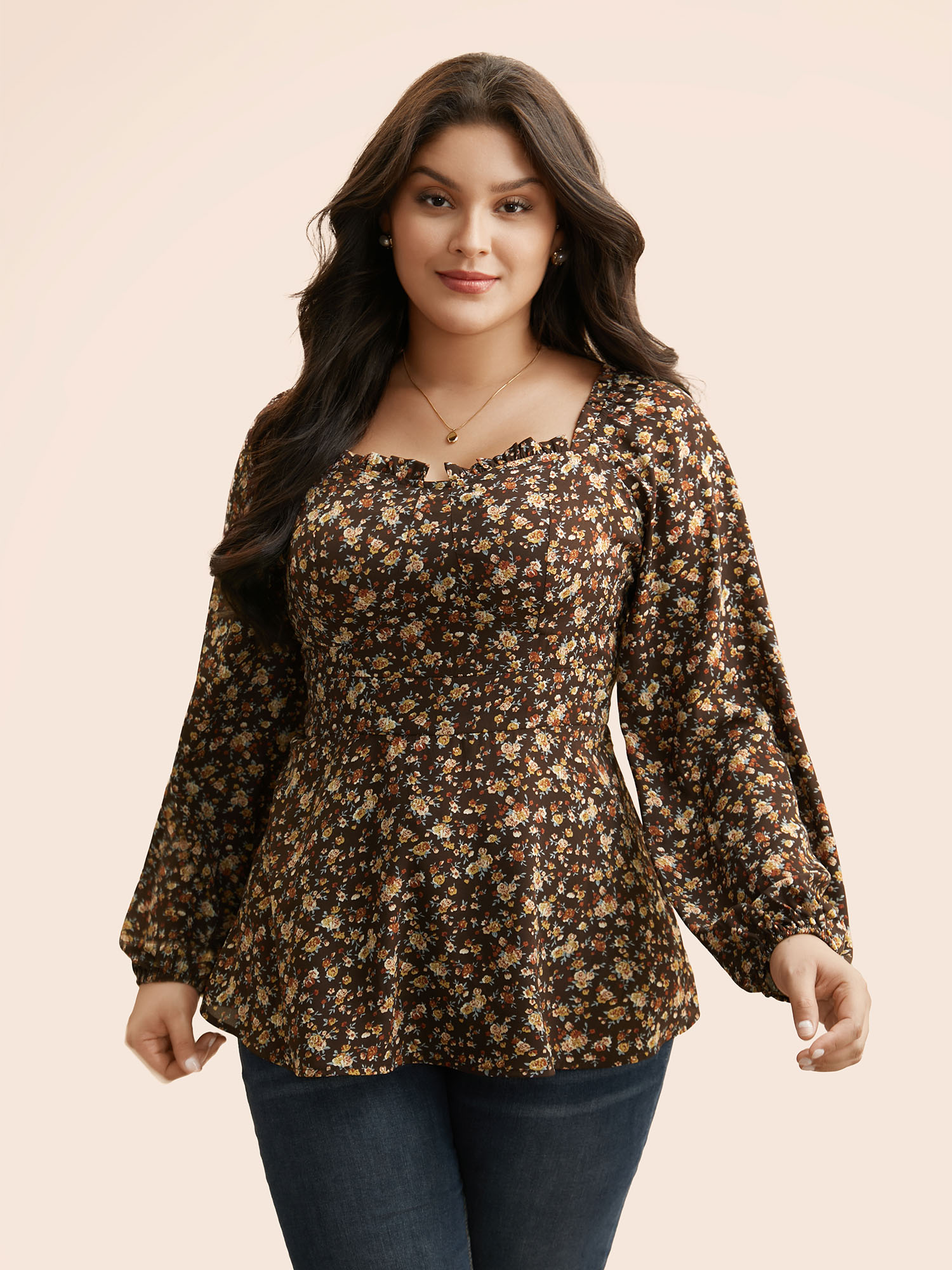 

Plus Size DarkBrown Heart Neckline Ditsy Floral Shirred Blouse Women Elegant Long Sleeve Heart neckline Everyday Blouses BloomChic