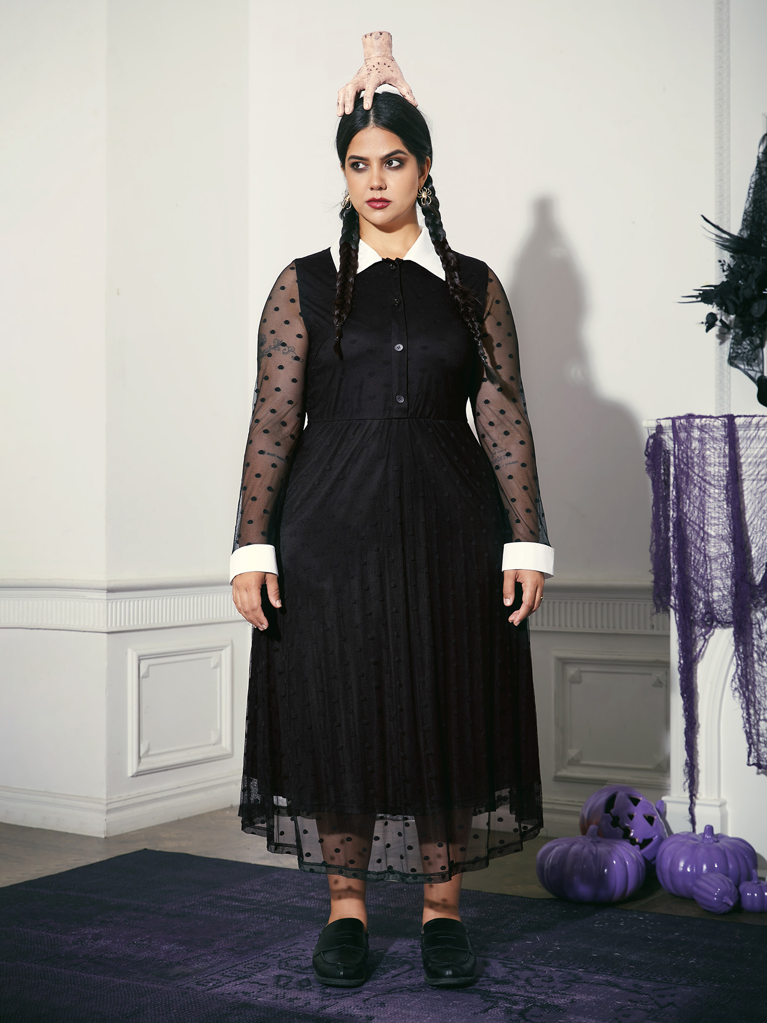 Plus Size Vampire Polka Dot Waist-Cinching Midi Dress Black Women Cocktail Texture Shirt collar Long Sleeve Curvy BloomChic 18-20/2X 