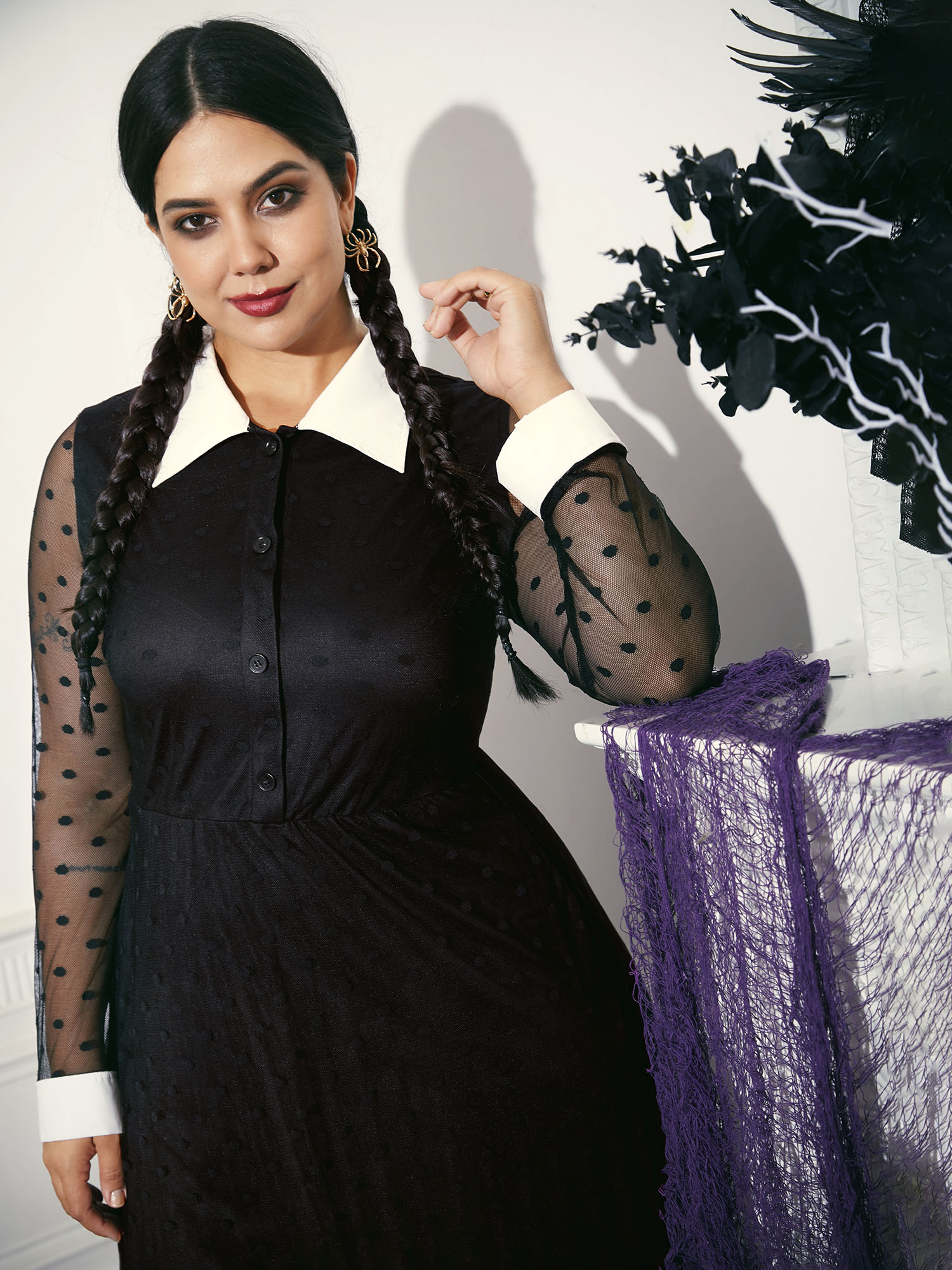 Plus Size Vampire Polka Dot Waist-Cinching Midi Dress Black Women Cocktail Texture Shirt collar Long Sleeve Curvy BloomChic 18-20/2X 